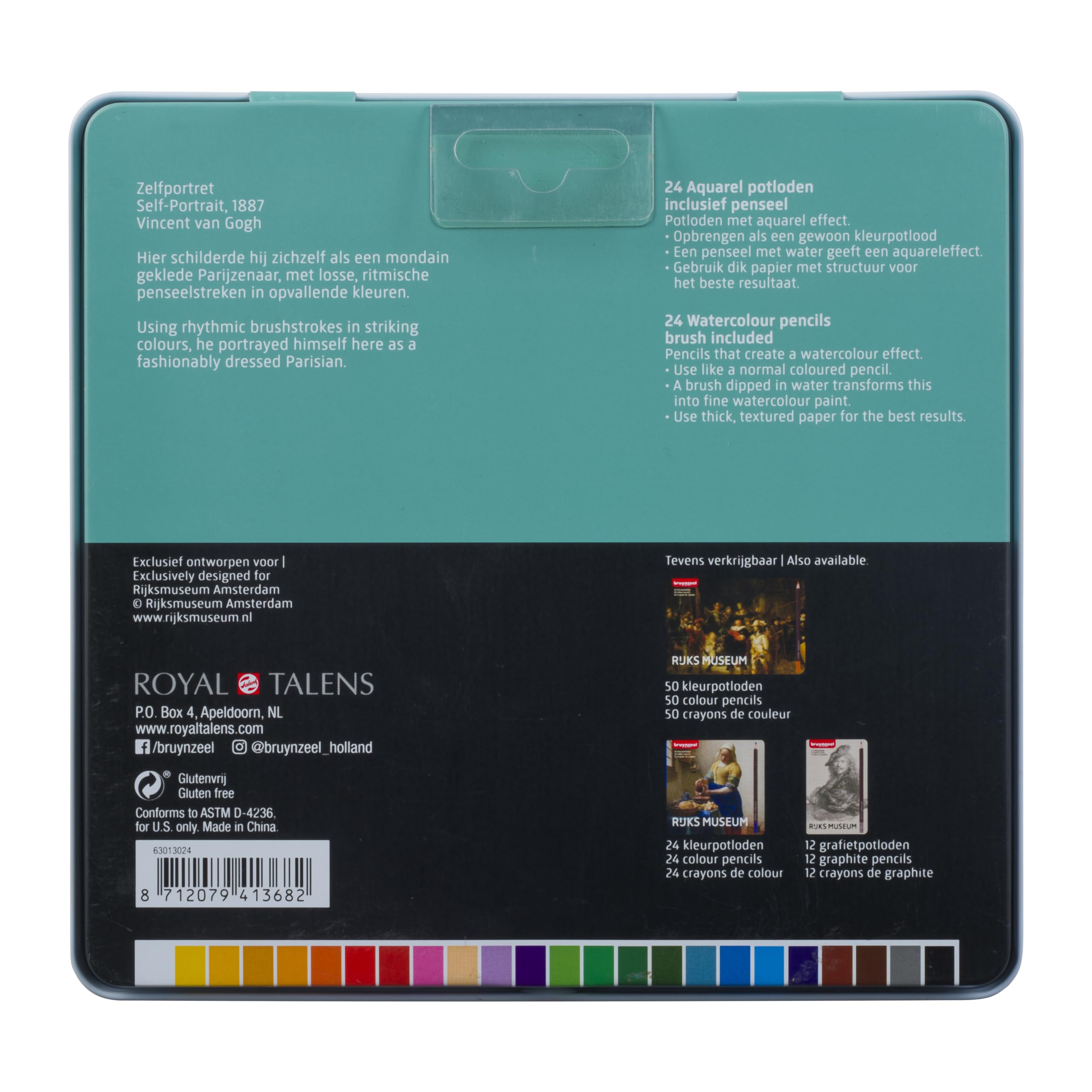 Bruynzeel & Rijksmuseum Set professionale di 24 matite acquerellabili + pennello in latta per disegnare e colorare | Vincent van Gogh