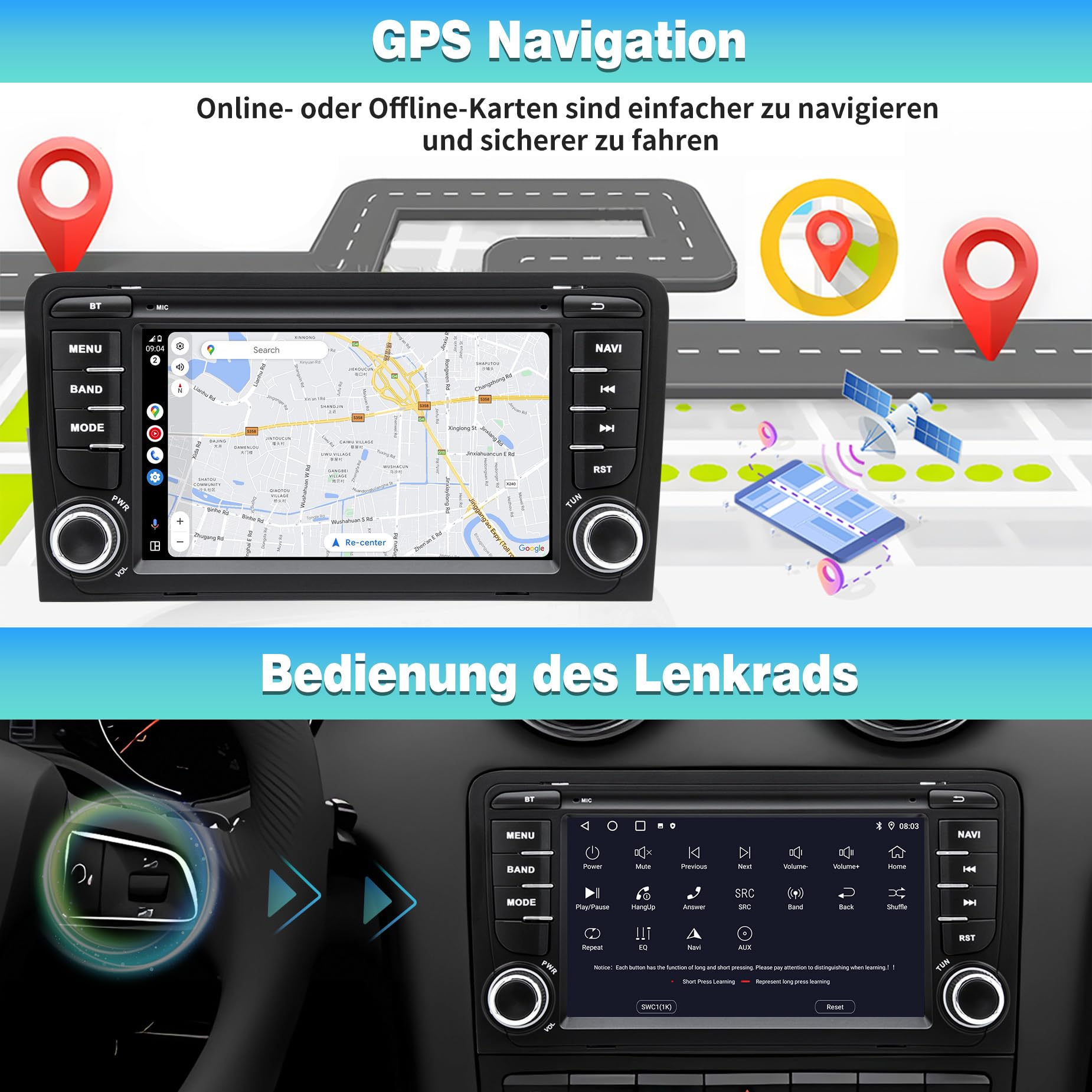 Autoradio Android 13 per Audi A3/S3/RS3 8P (2003-2012), touchscreen HD da 7 pollici, CarPlay/Android Auto wireless, Navigazione GPS, Wi-Fi, Bluetooth + Telecamera posteriore HD, Comandi al Volante