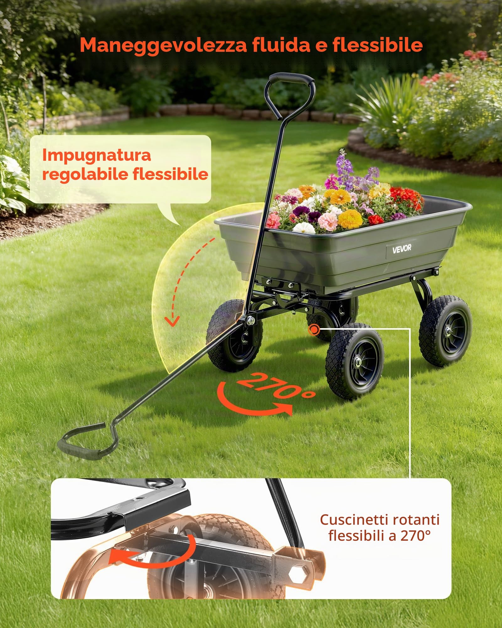 VEVOR Carrello da Giardino Ribaltabile a Mano Carico di 272 kg, con Meccanismo di Scarico Rapido, Ruote Girevoli, Cuscinetti Rotanti Flessibili, Carrello da Giardino per Piante, Terreno, Colture