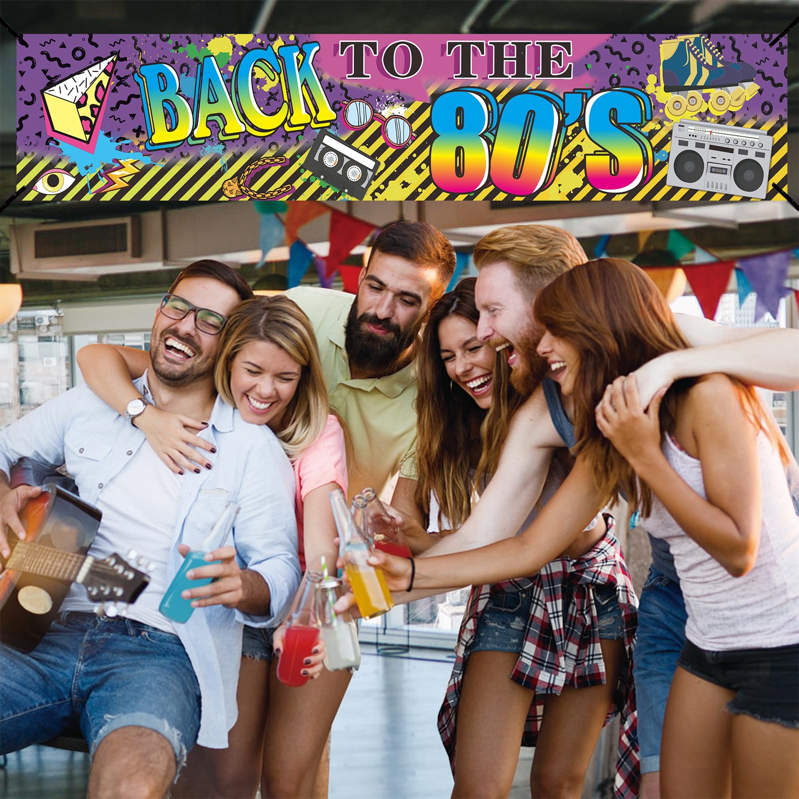 Back To The 80's Banner - Neon Retro Party Decor (72.8x43.3 Inch)