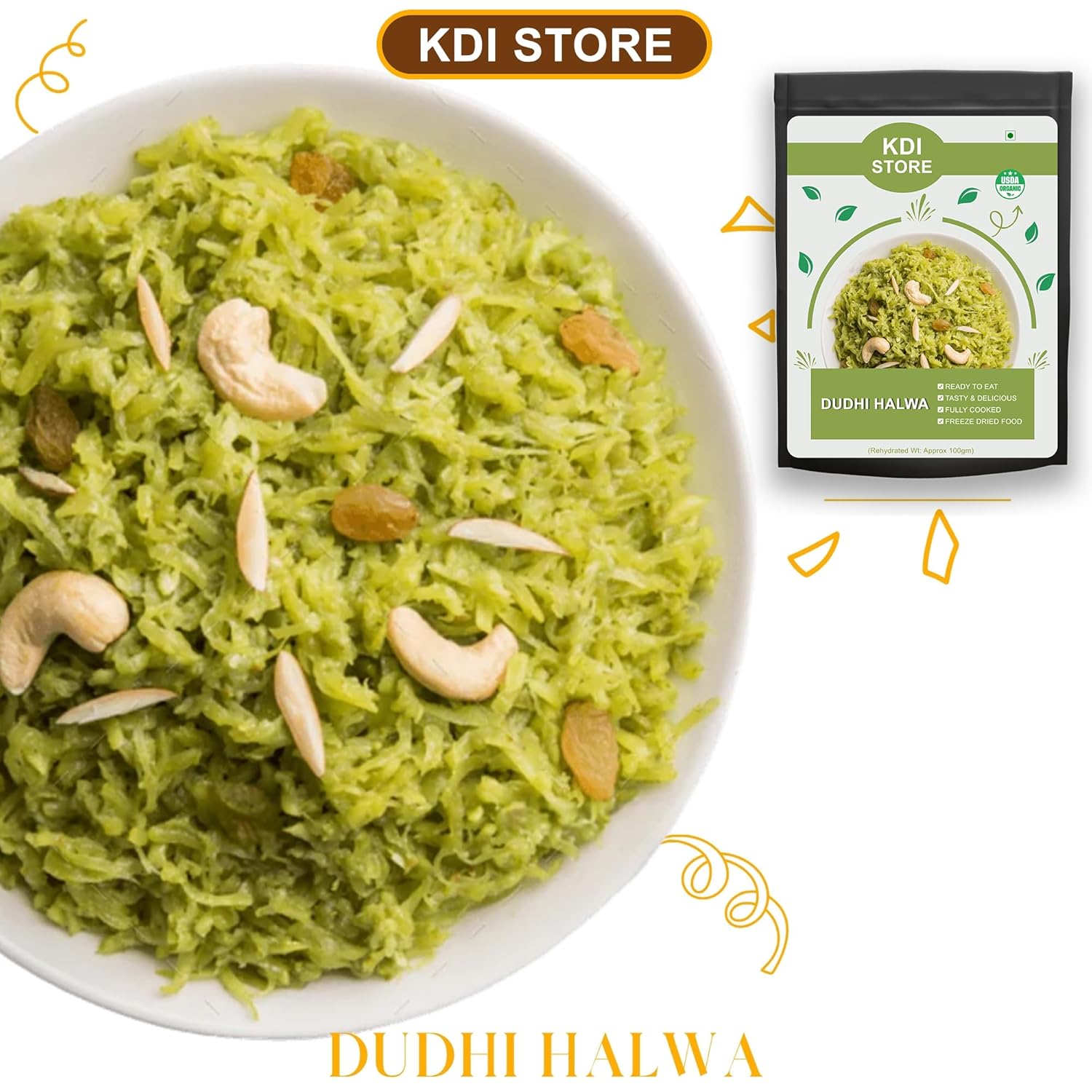 KDI Store Dudhi Halwa, Ready to Eat Traditional Indian Sweet, USDA Organic, Freeze Dried, 75g, With Cashews