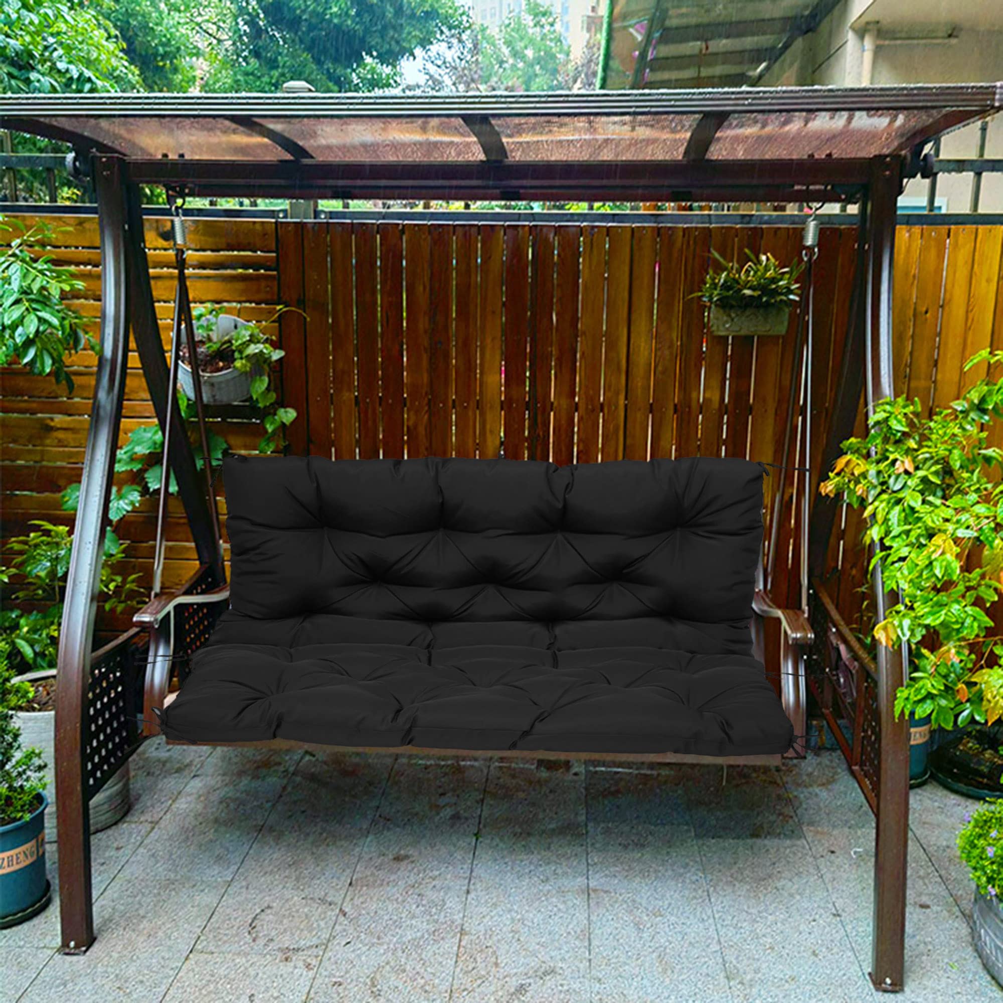Coussin de balancelle d'extérieur avec auvent et dossier imperméable pour banc de jardin, hamac 2 ou 3 places, 10 cm d'épaisseur, noir, 120 x 100 x 10 cm