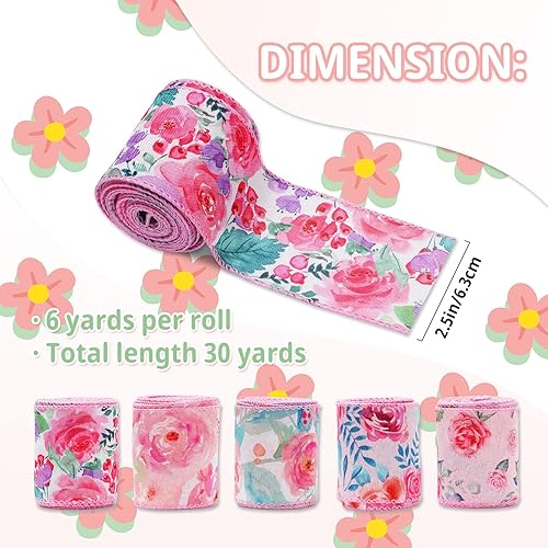Miniatura 2 de 5 rollos de cinta floral para primavera y verano con borde con alambre, 2.5 pulgadas, flores rosas, cinta para manualidades para envolver regalos,