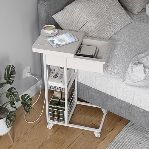 Miniatura 2 de LIDYUK Mesa auxiliar en forma de C con estación de carga, mesa auxiliar abatible con puertos USB y tomas, mesa de sofá con estante de almacenamiento
