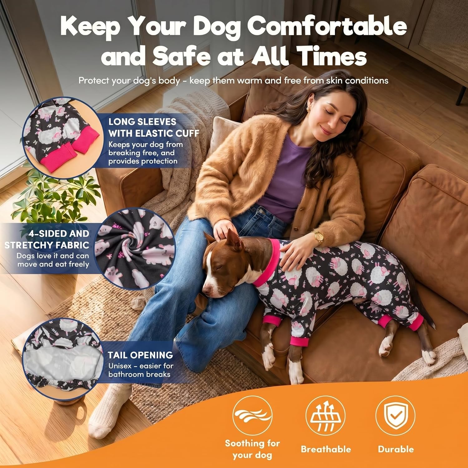 LovinPet Pet Pajamas for Large Dogs, Anxiety Calming Dog Jumpsuit, Lightweight Onesie, Black Sheep Print, Large Dog Pjs, Long Sleeve Pullover for Dogs, L