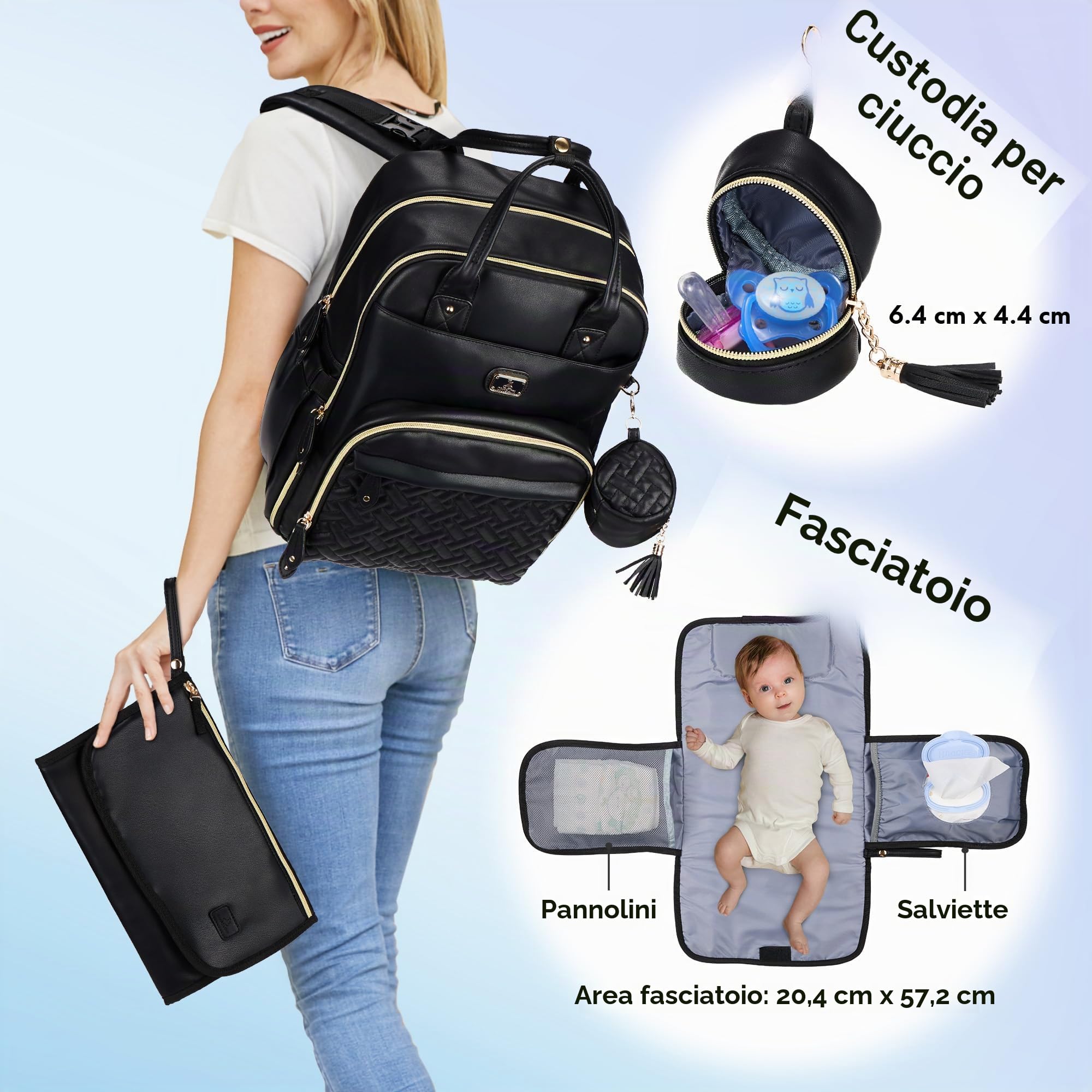 Dikaslon Borsa Zainetto Fasciatoio, Grande Multifunzione Zainetto Bebè Portatile, Porta Ciuccio e Cinturini per Passeggino, per Mamma e Papà Nero