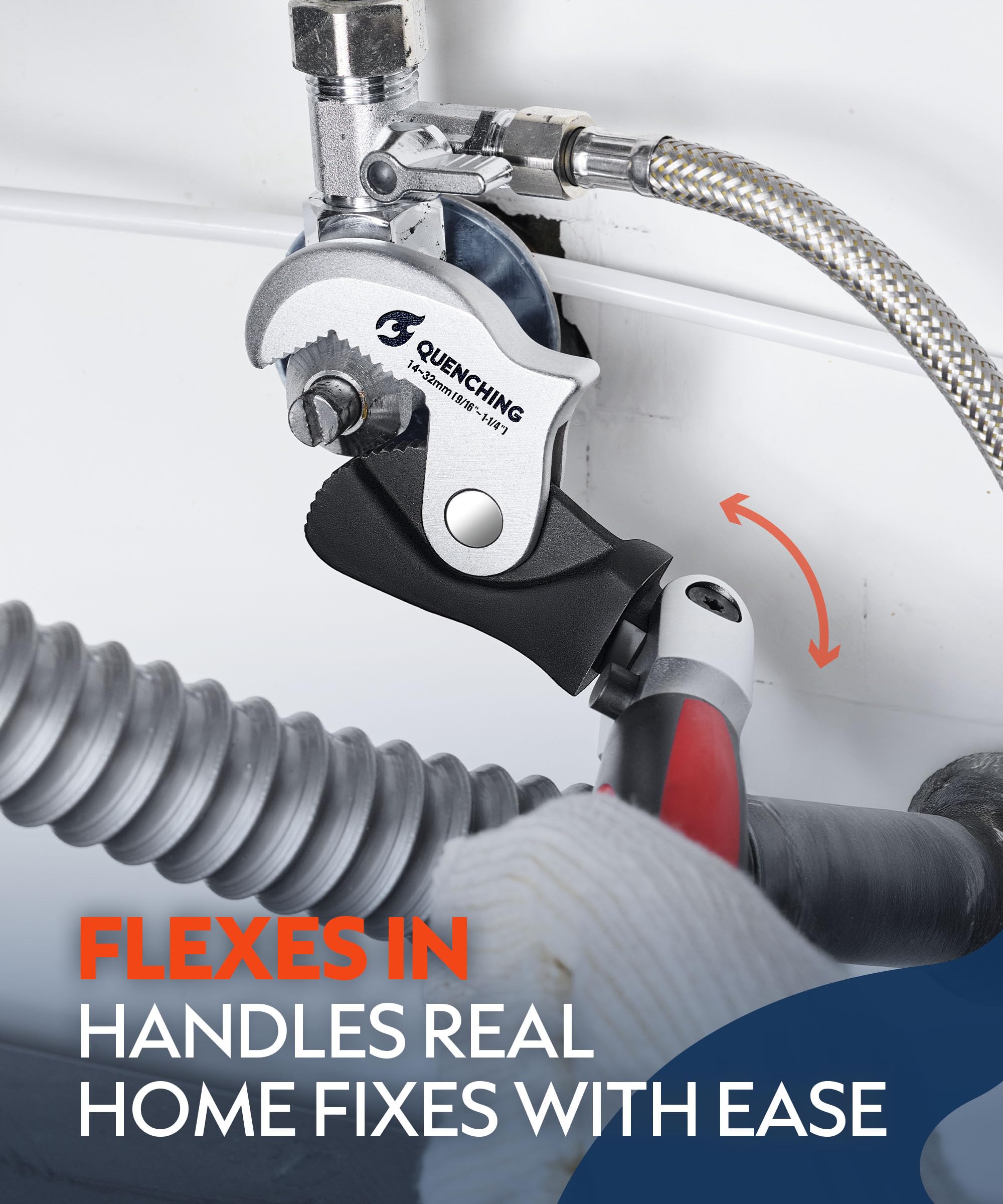 QUENCHING 2 llaves de pata de gallo de ajuste automático con resorte, agarre de potencia, llave ajustable con acero Cr-V y mango TPR, llave de tubo universal para espacios reducidos, trabajo de