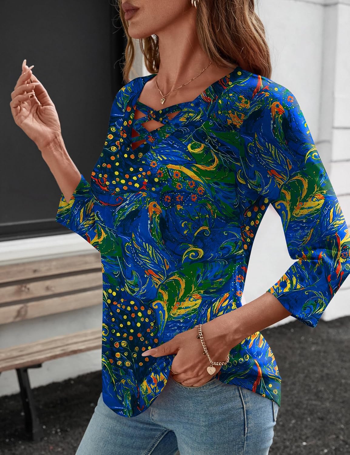 Rapbin Women Blouses Dressy Casual Spring Tops 3/4 Length Sleeve Womens T Shirts V Neck Criss Cross Tees - Image 3