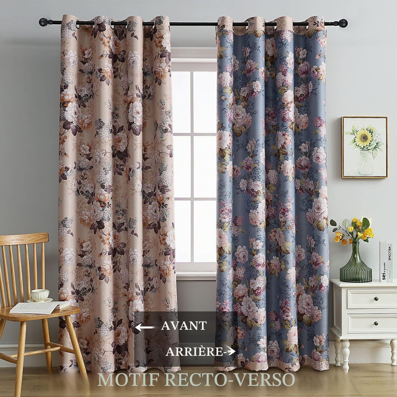 SUOUO Rideaux occultants Double Face à Motif Floral Vintage pour Chambre à Coucher, 2 Panneaux de 213 cm de Long, Isolation Thermique, Rideaux de fenêtre occultants pour Salon
