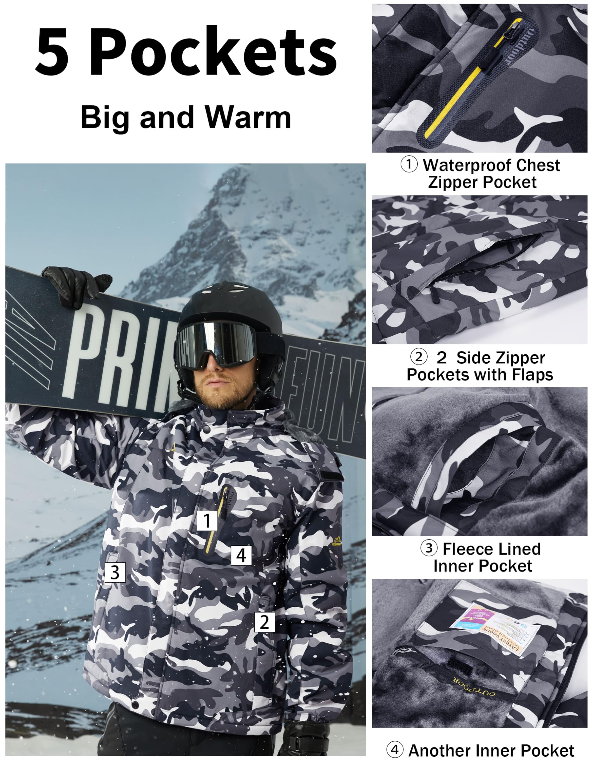 MAGCOMSEN Giacca da Sci Impermeabile da Uomo Antivento da Montagna Parka in Pile con Cappuccio