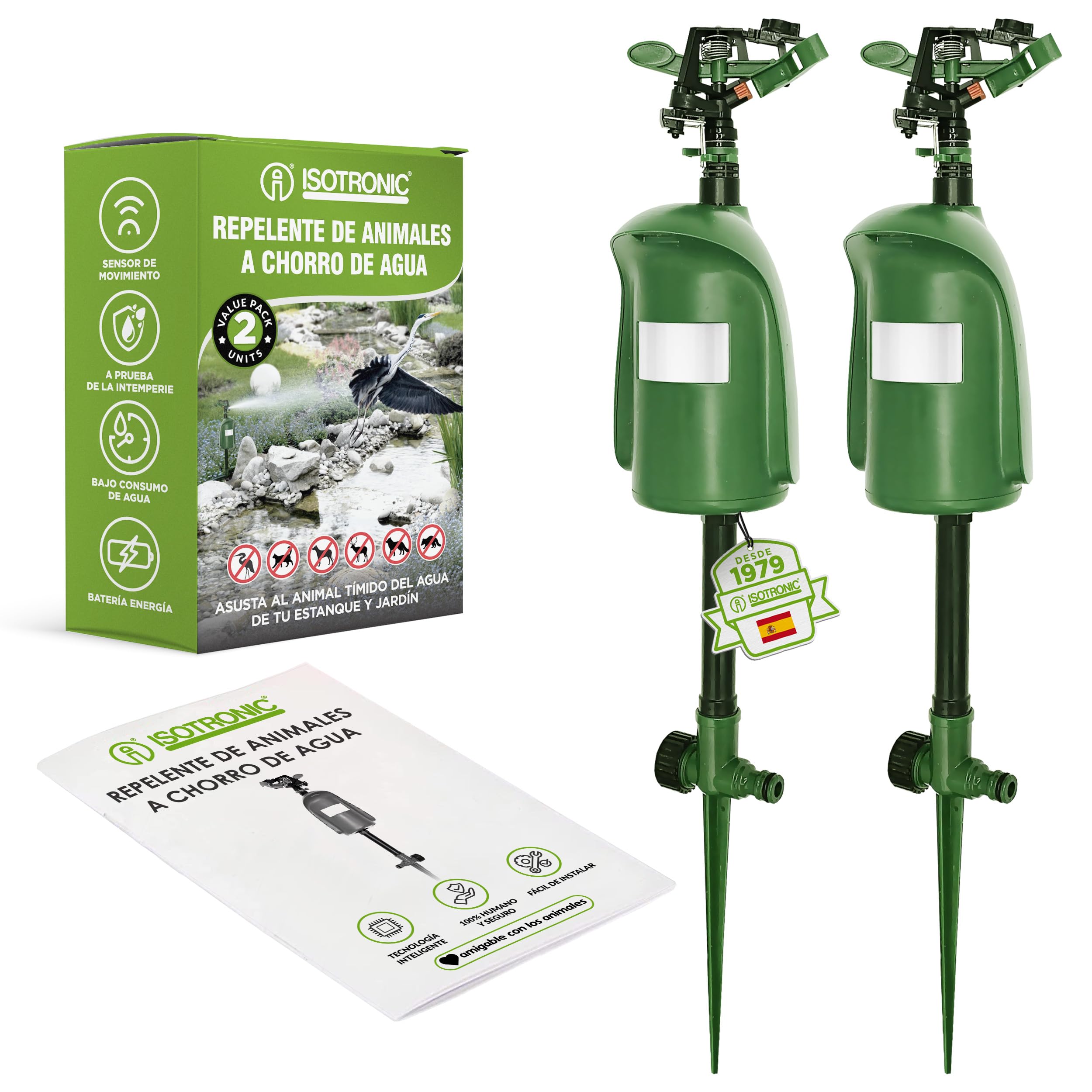 ISOTRONIC Repelente de Animales con Chorro de Agua — Ahuyentador de Gatos y Garzas con Detector de Movimiento 120° — Radio Ajustable para Jardín y Estanque — Defensa Eficaz (2 Unidades)