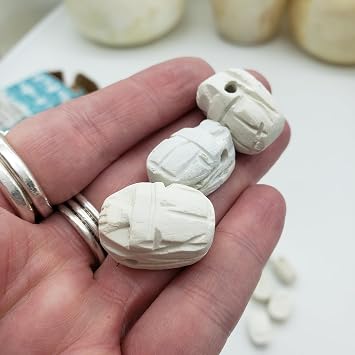 Egyptian Scarab Beads Set of 12 Small - Horizontal Drilled - White Hand-Carved Soapstone - Ancient Egypt Hieroglyphs - Made in Egypt