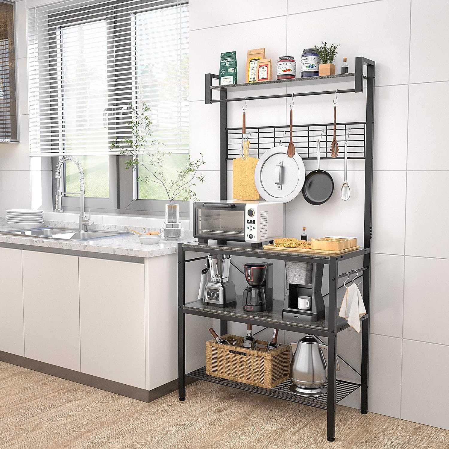Bakers Rack for Kitchen with Storage, 4-Tier Microwave Oven Stand, Coffee Bar Station with 10 Hooks, Large Kitchen Storage Shelf with Hutch, Gray Oak