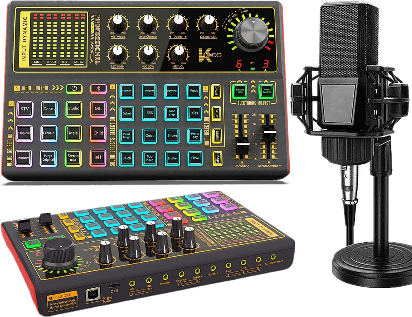 K300 Podcast Equipment Bundle, With Podcast Condenser Microphone, Audio Interface with DJ Mixer and live Sound Card and Sound Mixer Board Stand for Streaming/Gaming/Recording/Singing/Tiktok/YouTube/PC