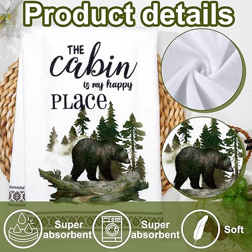 Miniatura 5 de Buryeah Juego de 4 toallas de cocina de cabaña de 23.6 x 16 pulgadas, diseño de oso de vida silvestre, ciervo, oso, decoración rústica, suave,