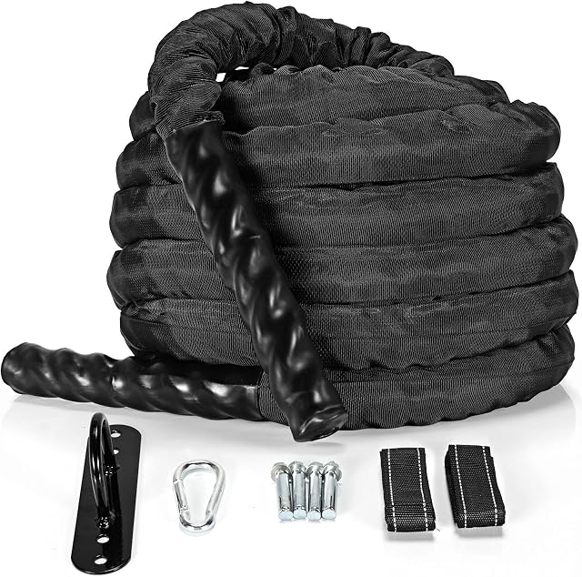 GYMAX 9m/12m/15m Battle Rope, 35mm Strength Training Exercise Ropes with Anchor Strap Kit and Protective Sleeve, Dacron Fitness Workout Battling Ropes for Home Gym