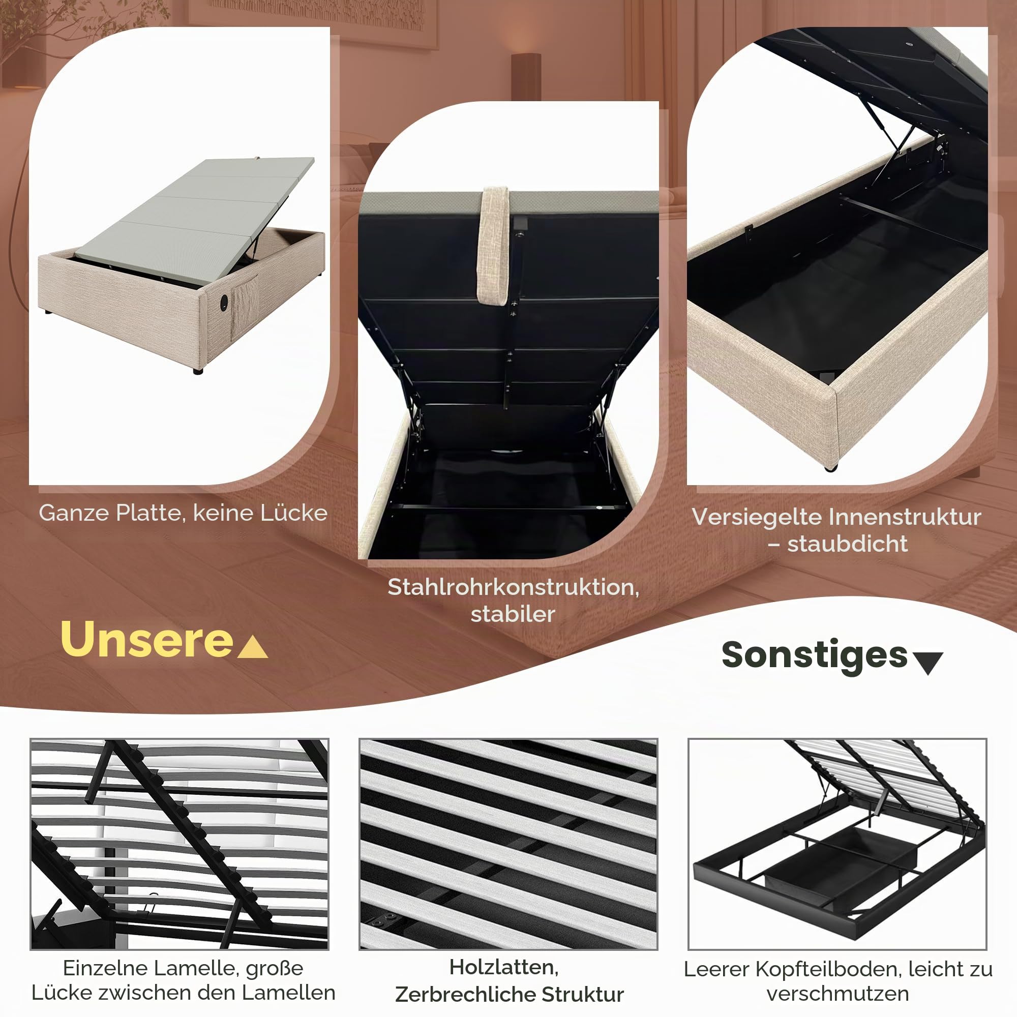 Bett 90x200 mit Bücherregal und USB Type-C-Ladefunktion, Kinderbett Hausbett Polsterbett mit Stauraum & Vollflächiger Lattenrost, Hydraulisch Einzelbett Stauraumbett, Leinen, ohne Matratze, Natürlich