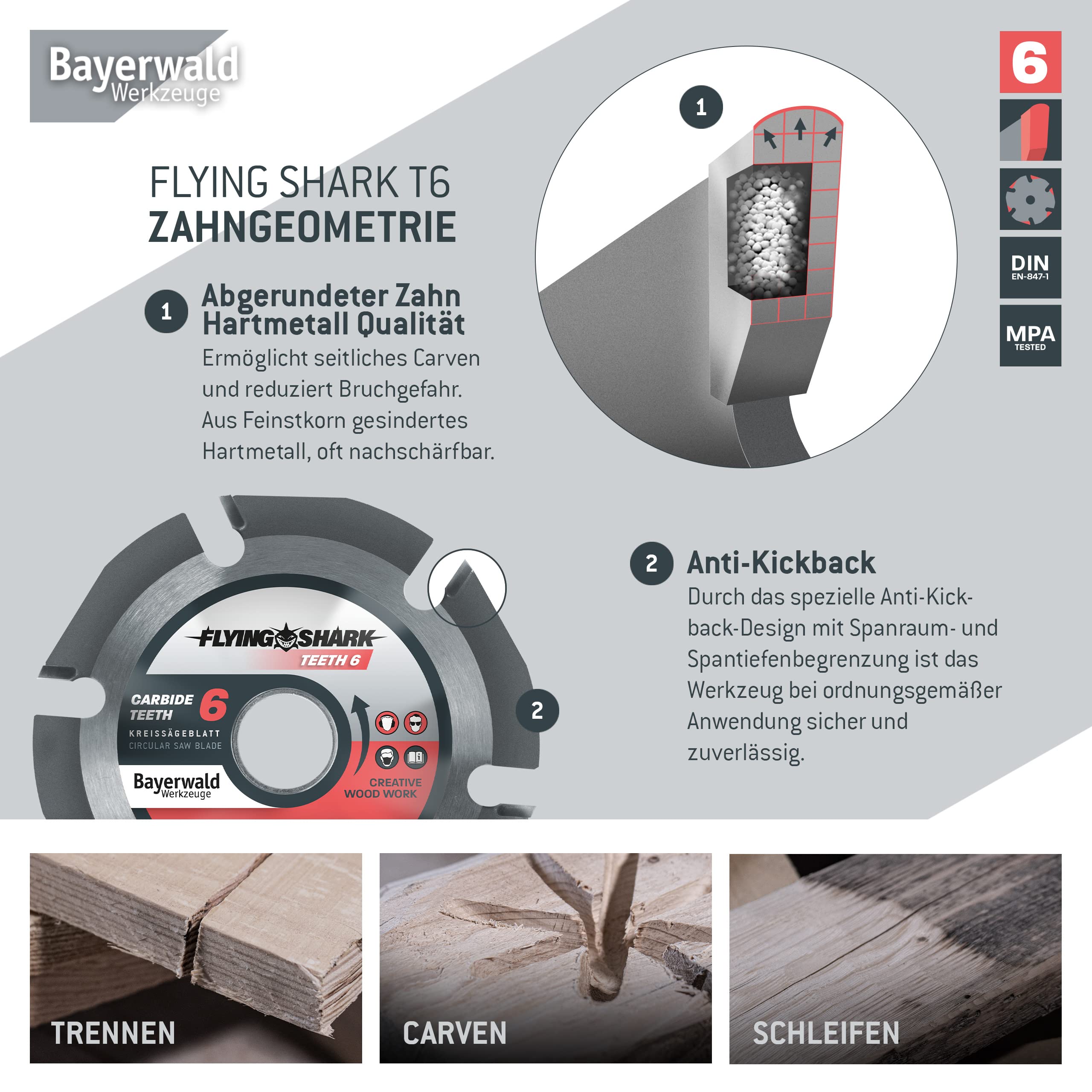 Bayerwald Flying Shark Ø 125 mm (6 dientes) Hoja de sierra para madera, tallado y eliminación de corteza, ideal para tallar energía