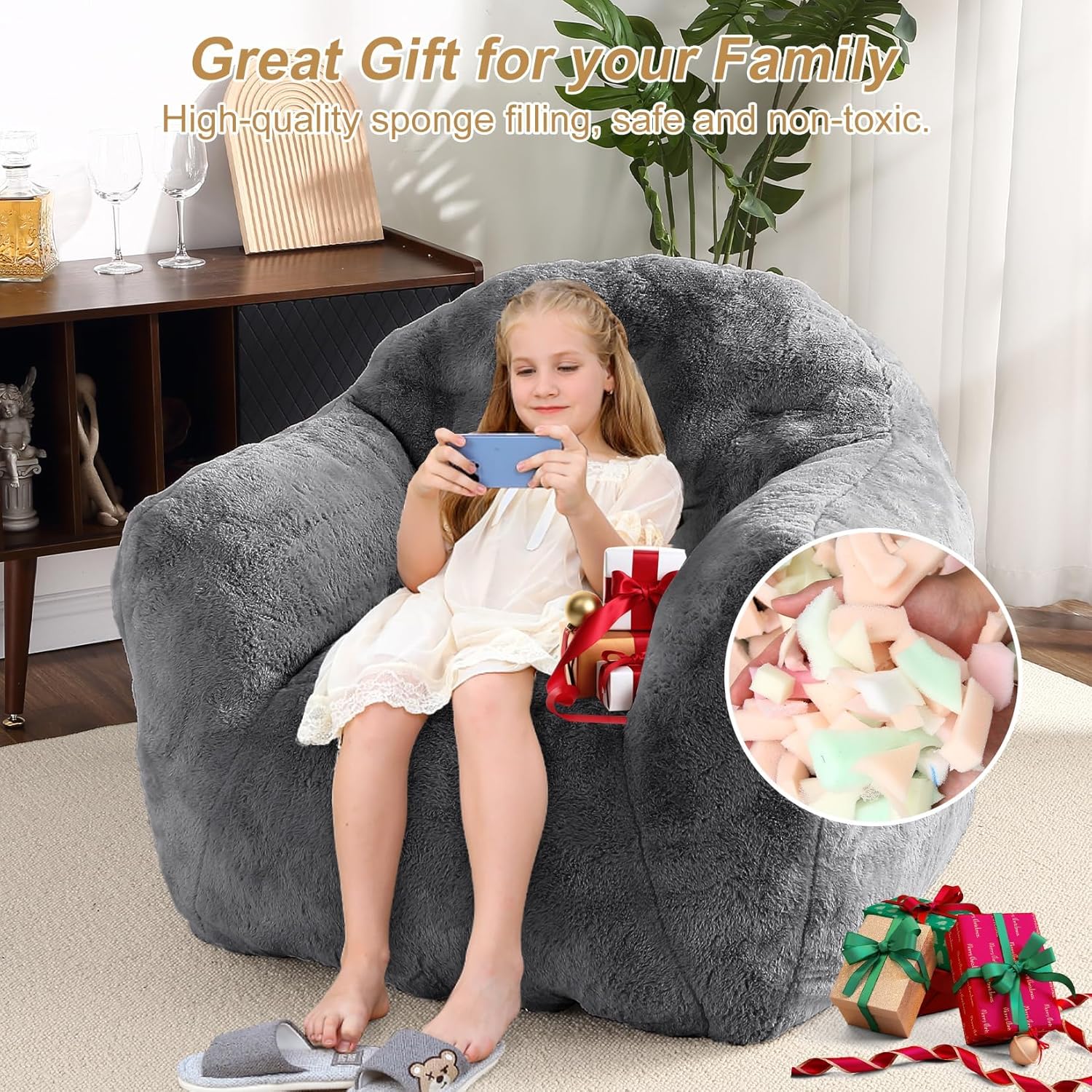 51" Big Bean Bag Chair BeanBag Chairs with Armrests for Adults Kids, Oversized Comfy Chair with Filler Included, Soft Cozy Beanbag Couch Floor Sofa Chair for Living Room Bedroom,Dorm,Dark Grey