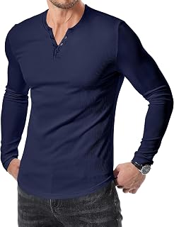Mens 2025 Fall Fashion Casual Henley Shirt Long Sleeve Slim Fitted Shirts Curved Hem for Athletic Gym Workout