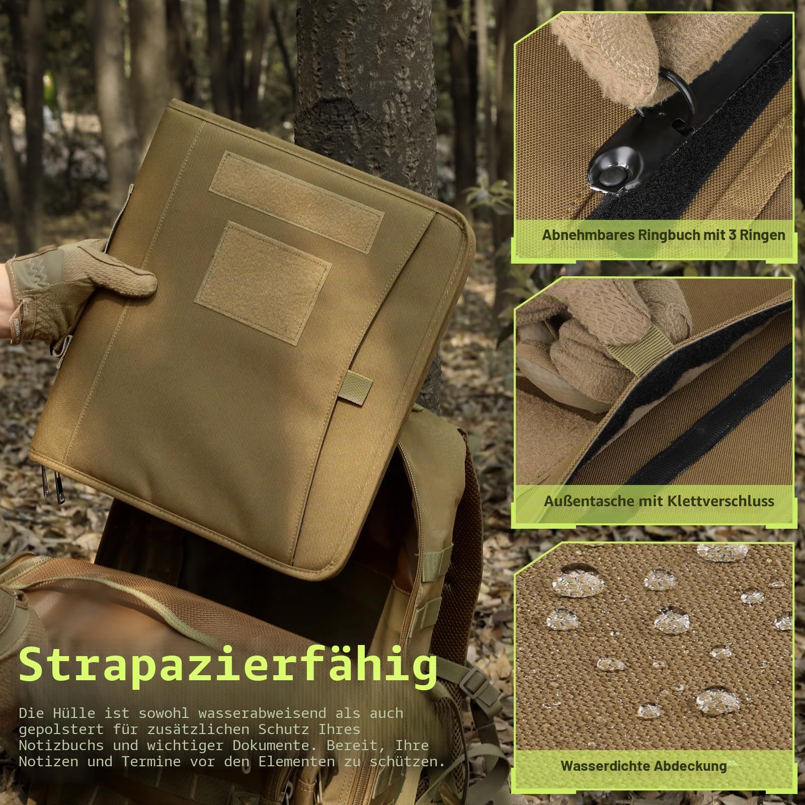LIVANS Taktisches Notizbuch, Portfolio, Padfolio, Ringbuch mit Reißverschluss, Armee-Militär-Notizbuch, Planer enthält 25 Blatt A4-Briefpapier und abnehmbare 3-Ringe, Multi-Storage-Grifftasche für