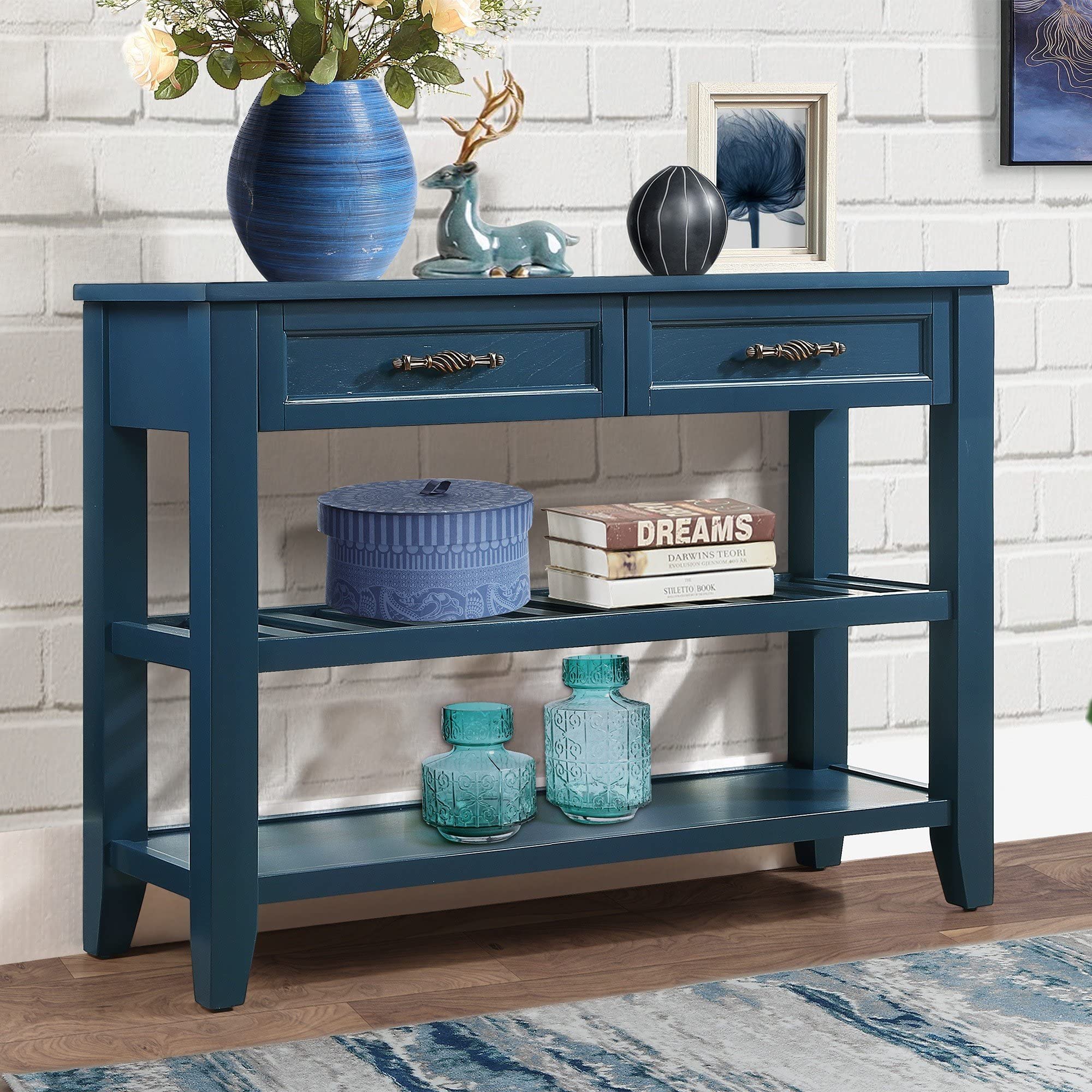 L“KeKe 42inch Mid-Century Wood Console Table with 2 Drawers and 2 Bottom Shelf Sofa Table Solid Wood Sideboard(Navy Blue)