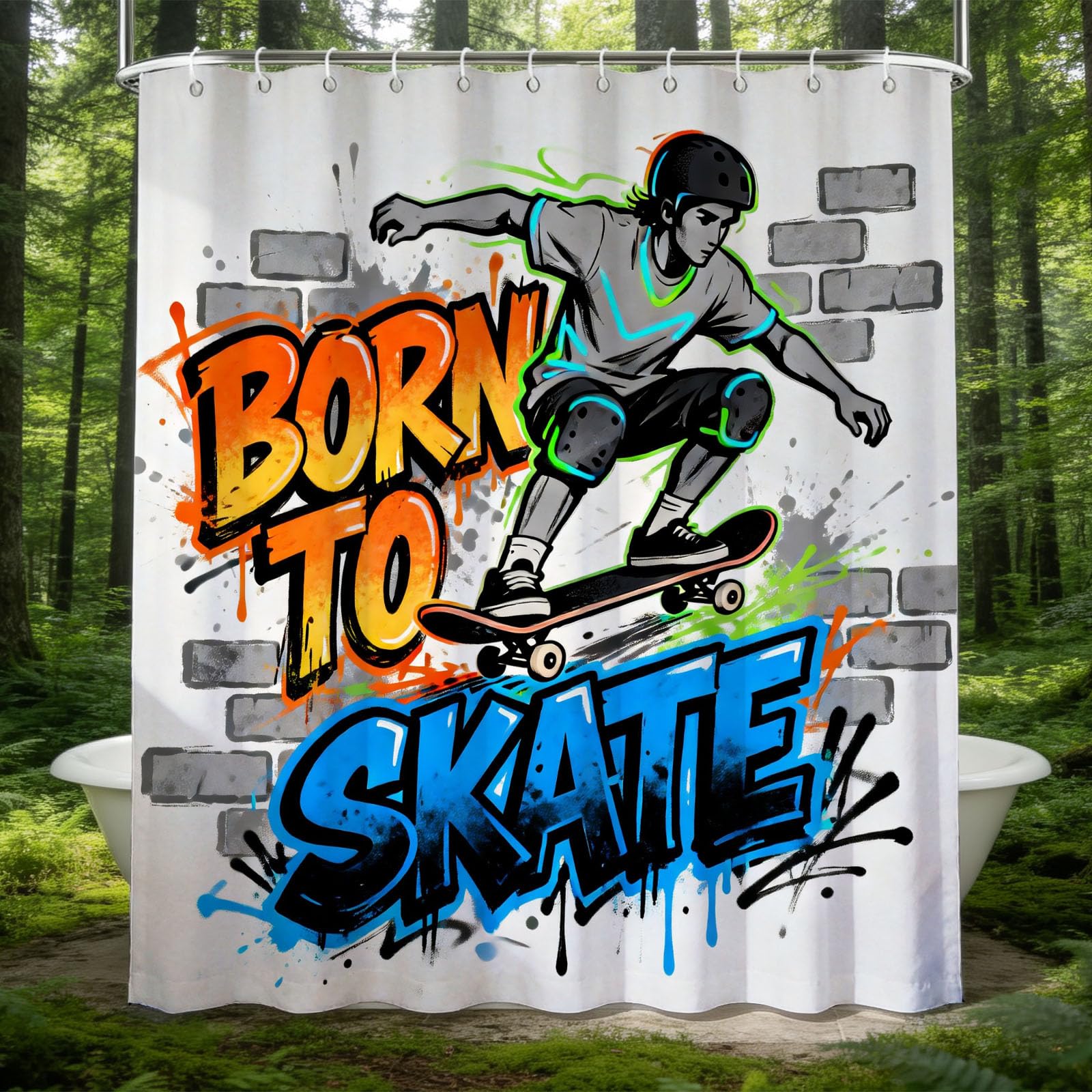 Hongduo 3D Cartoon Skateboard Shower Curtain for Stalls Bathtubs Sport Bathroom Decor Shower Curtain Set Polyester Fabric Waterproof 180x200cm/71X79 Inch with Hooks