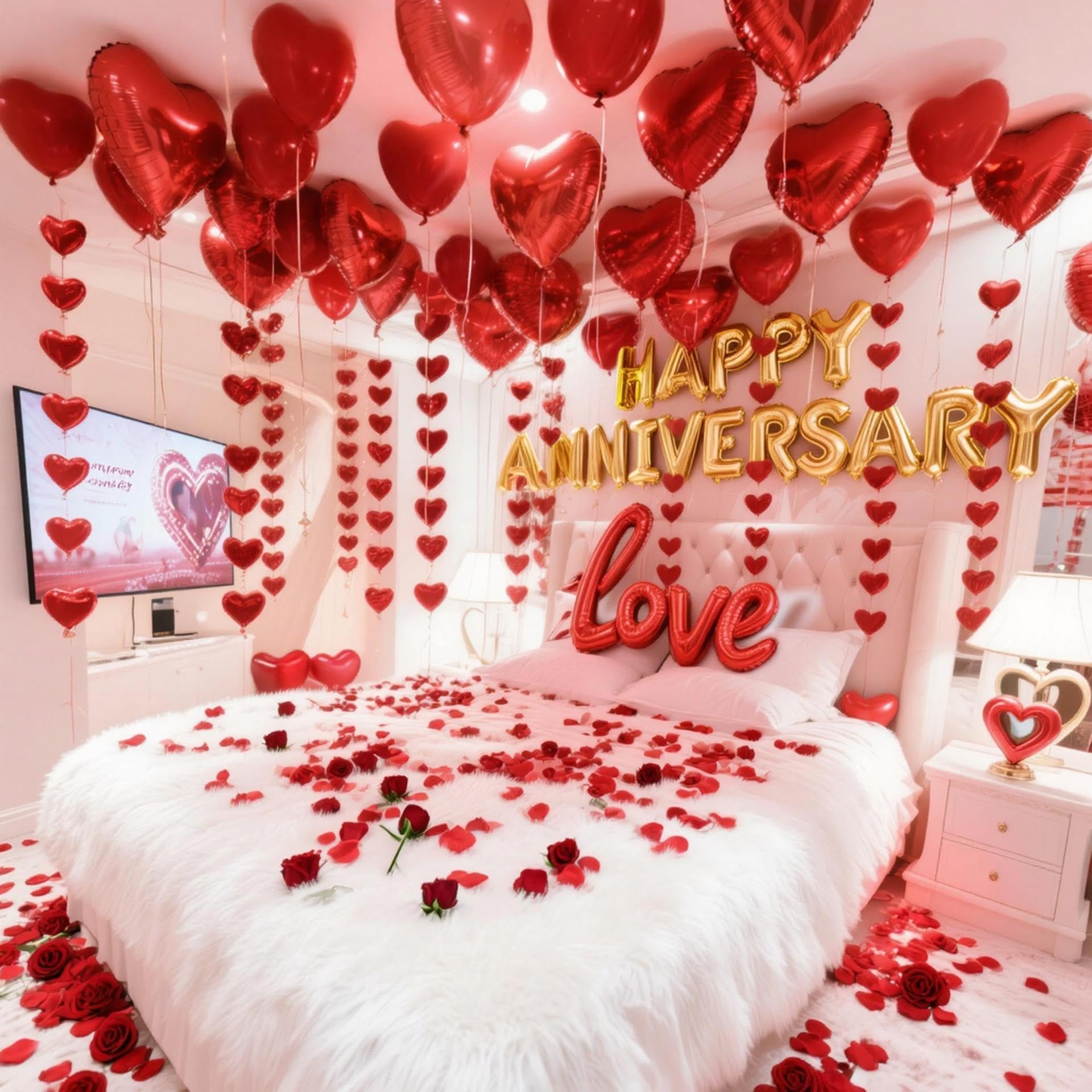 Anniversary Decorations Kit - 1000 Artificial Rose Petals & Red Heart Foil Balloons Set with Love Banner - Romantic Room Decor for Wedding Night,