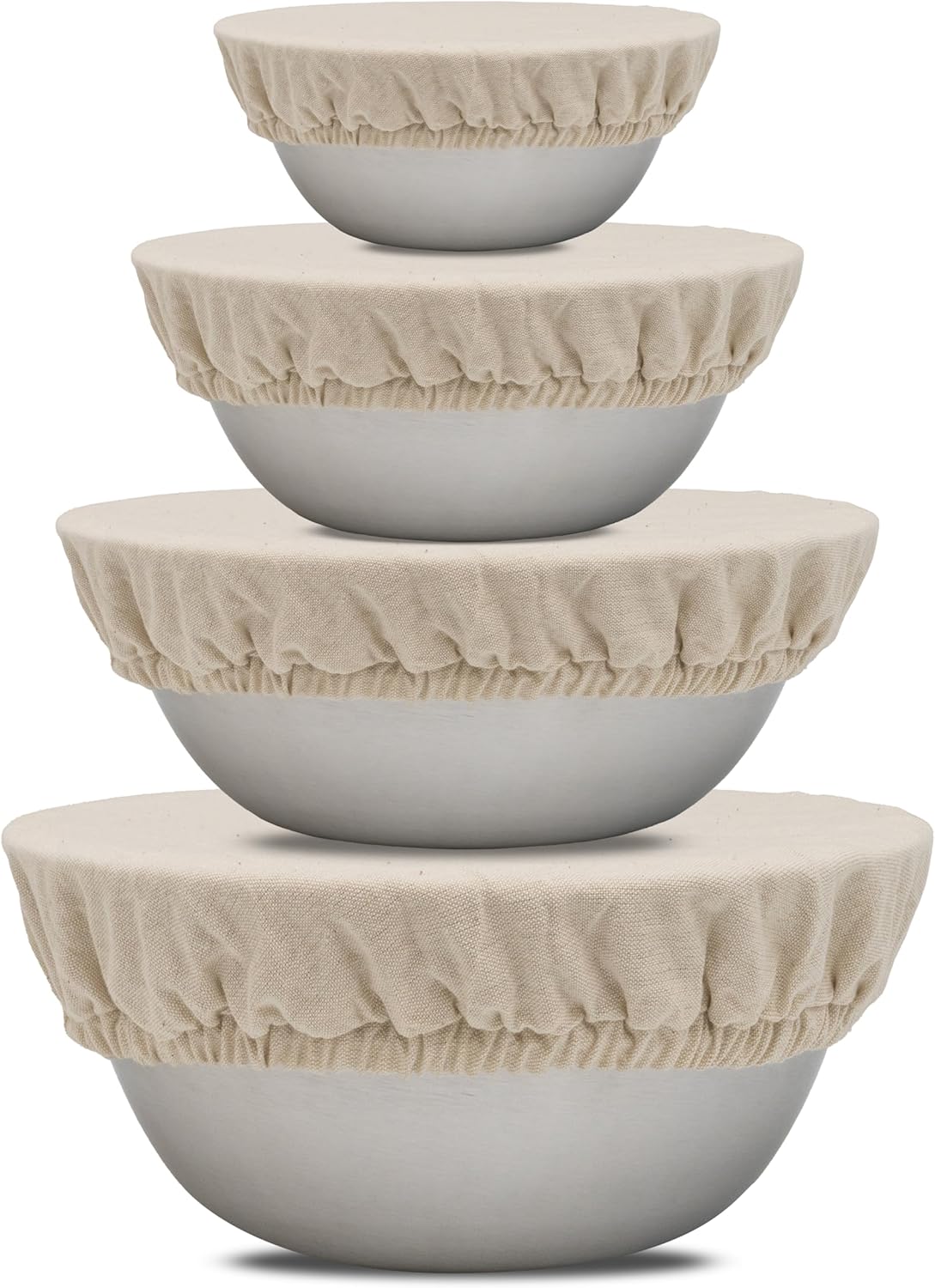 Reusable Fabric Bowl Covers for Bread Proofing - Washable, Dye-free, and All-Natural 100% Linen Cloth Bowl Covers for Bread Rising - Elastic Closure to Fit Multiple Bowl Sizes (1 XL, 1 L, 1 M, 1 S)