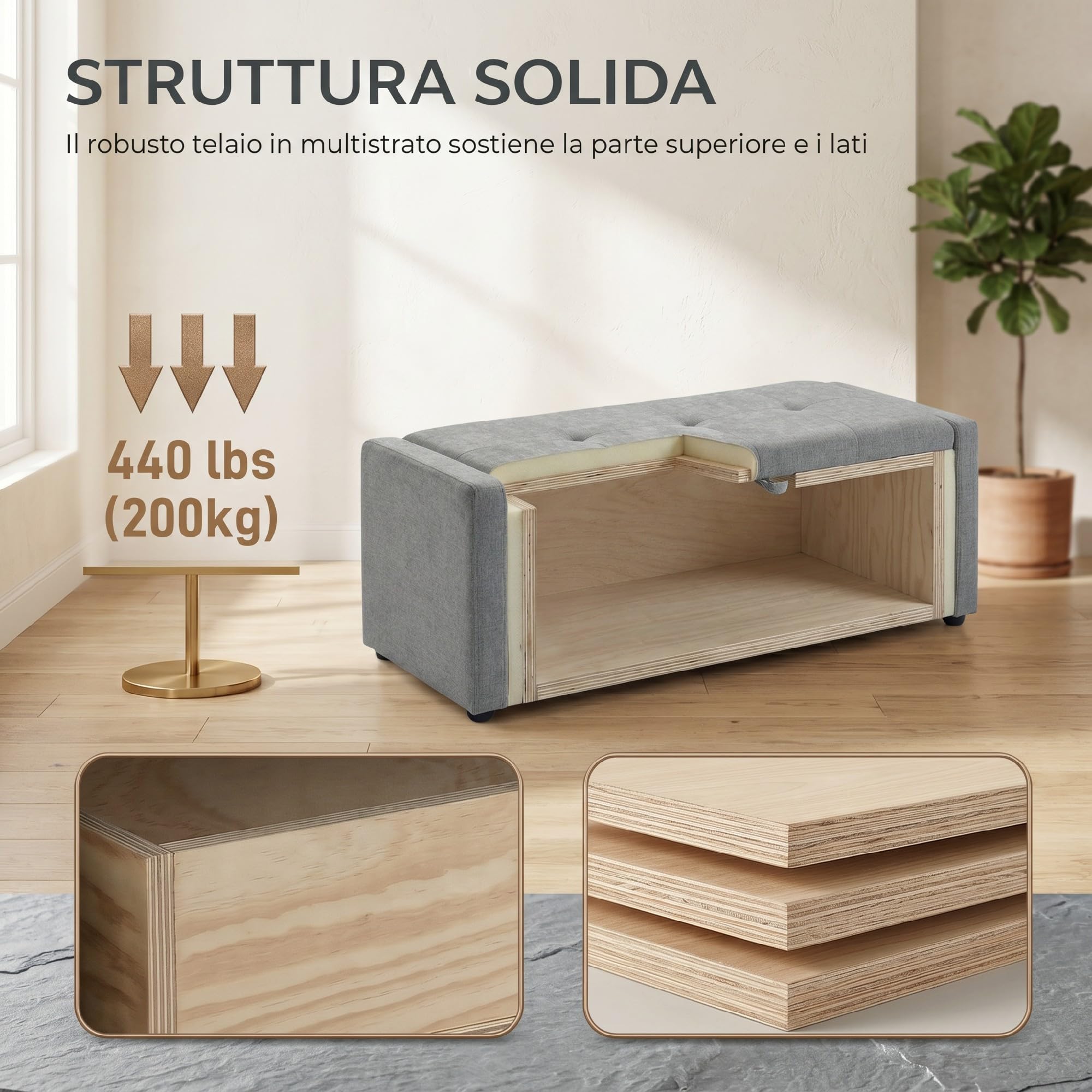 HOMCOM Cassapanca 142L Pouf Contenitore Poggiapiedi Grande 122x48x44cm, Seduta Imbottita 2 Posti, Panca Contenitore Effetto Lino, Struttura in Legno, 200 kg, Camera da Letto, Soggiorno