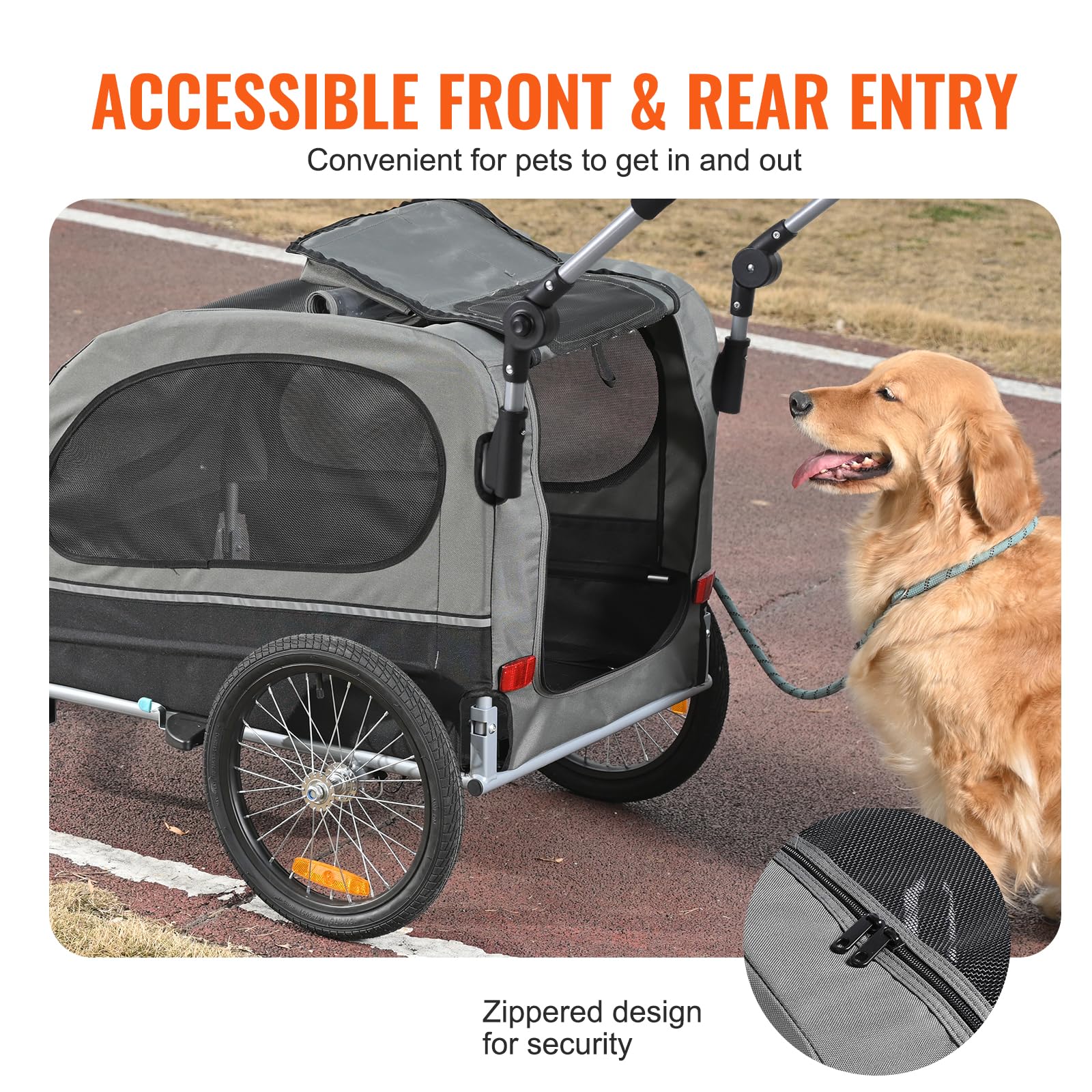 VEVOR Remolque Plegable para Bicicleta para Perros Carga de 450kg Cochecito para Mascotas 2 en 1, Marco Fácil de Plegar con Ruedas de Liberación Rápida, Acoplador Universal para Bicicleta, Reflectores