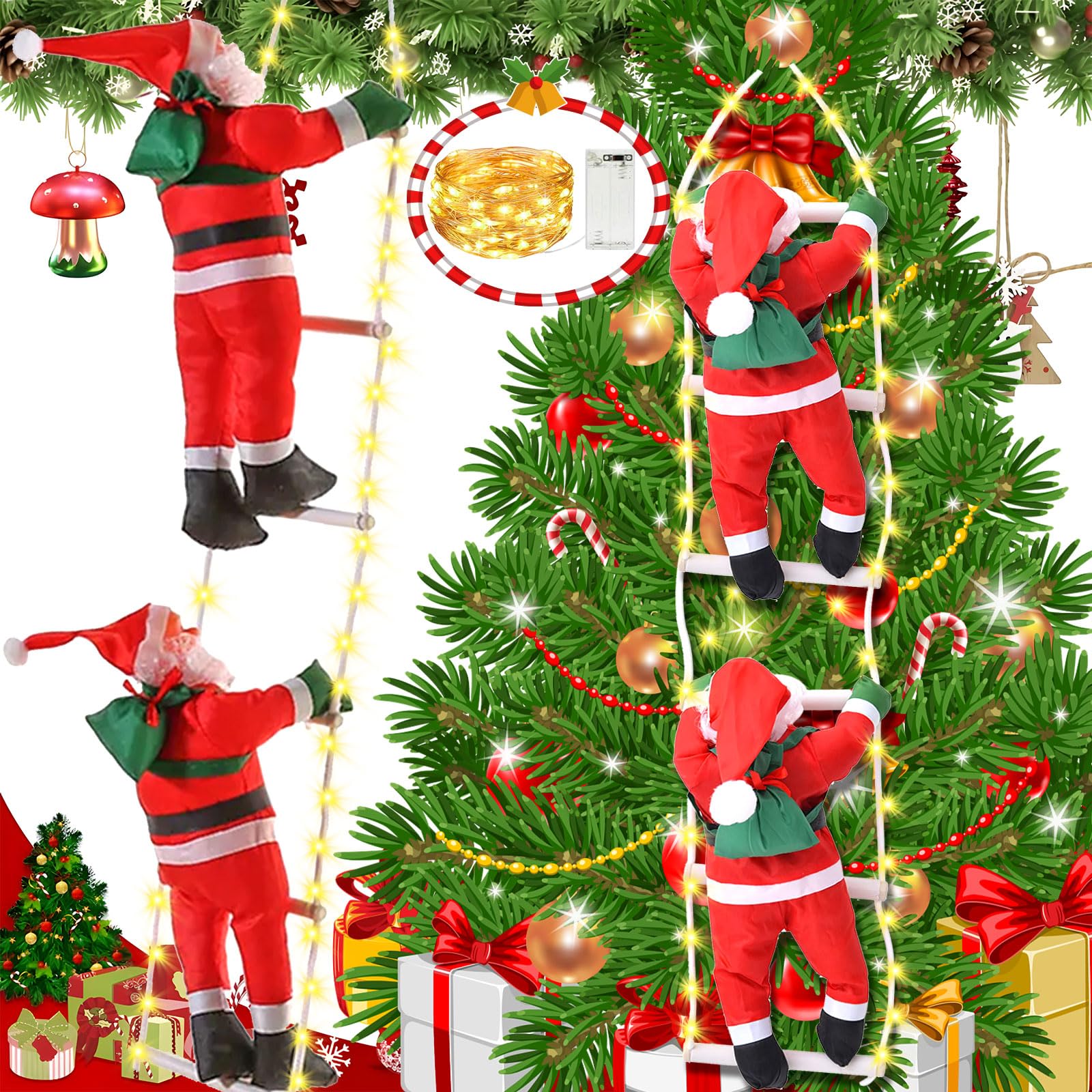 ZZXLOPEZ Santa Claus Escalera de Escalada, Papá Noel en Escalera de Cuerda, Muñeca de Papá Noel con 3M Luces de Hadas LED, Adorno de Papá Noel Escalando, Decoración Navideña para Interior y Exterior