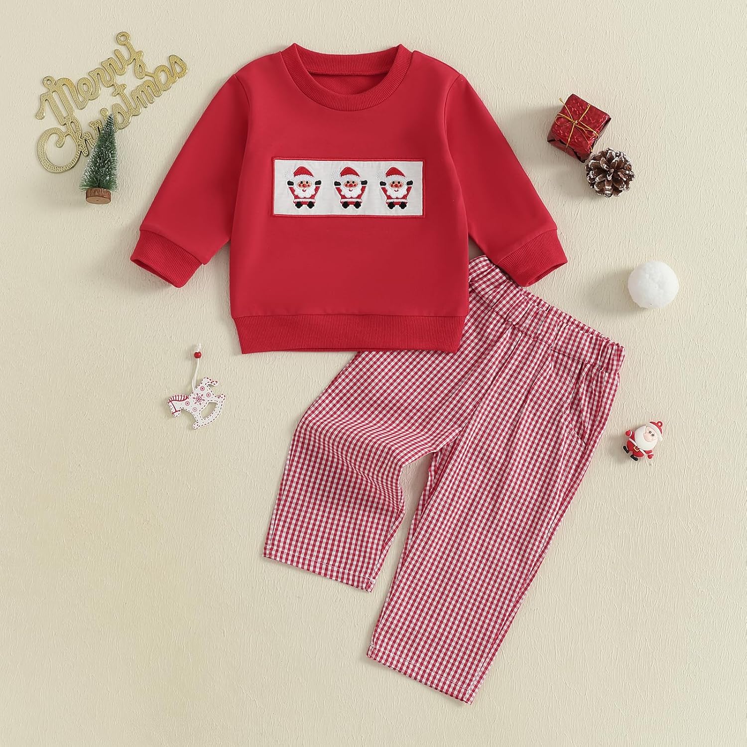 Toddler Baby Boys Christmas Outfits Long Sleeve Embroidery Sweatshirt Gingham Plaid Pants Two Piece Smocked Clothes - Image 2