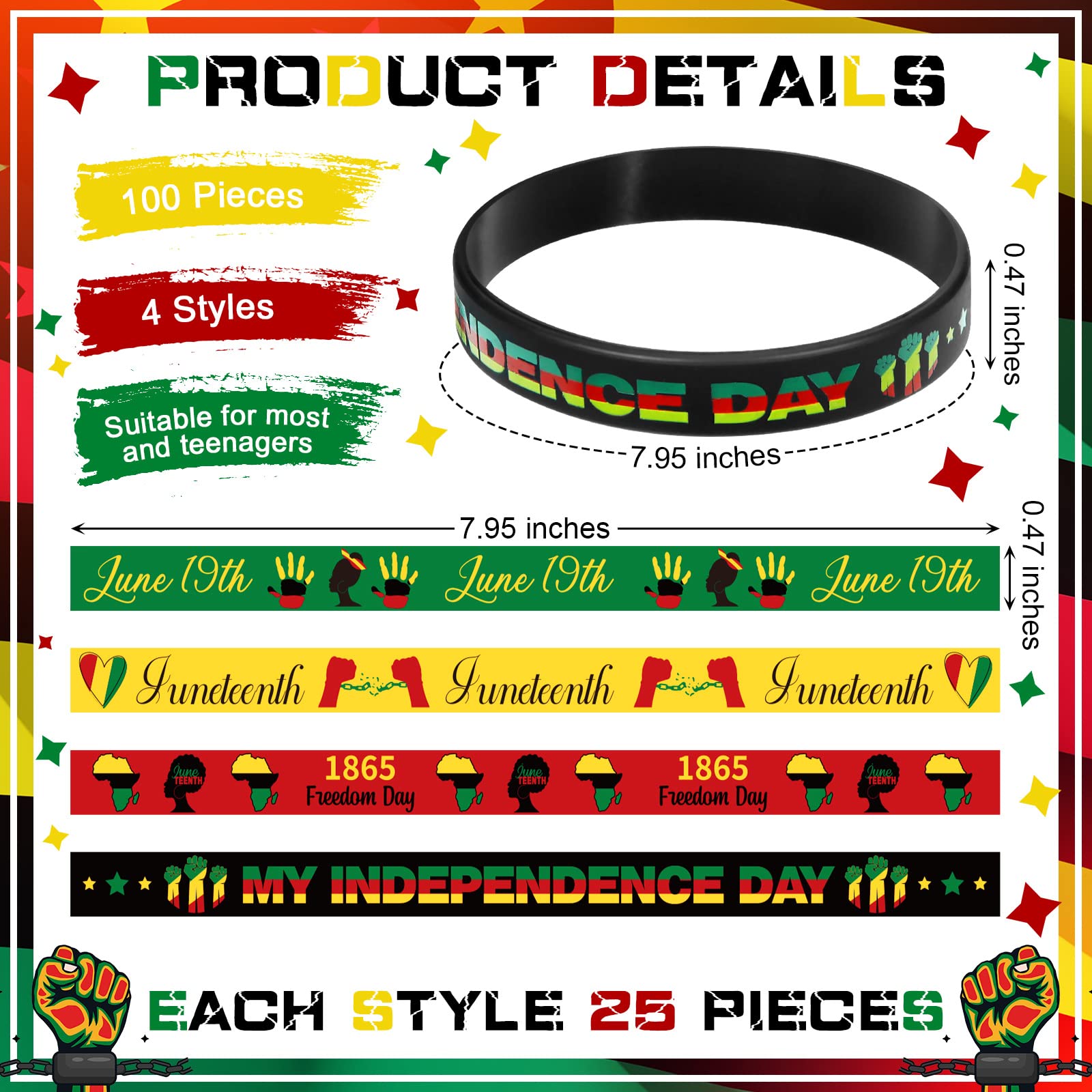 100 Pcs Juneteenth Rubber June 19th Party Silicone Wristband Party Favors Black Rubber Juneteenth Decorations Black History Month Bracelets Freedom Day Gifts Goodie Bag Stuffers