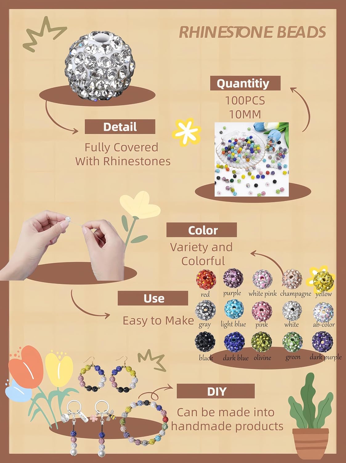 100PCS AB Color Rhinestone Beads for Crafting, 10mm Sparkle Crystal Clay Bead Diamond Shamballa Disco Ball Beads for Jewelry Making Pen Bracelet Baseball Necklace Earring DIY image 5
