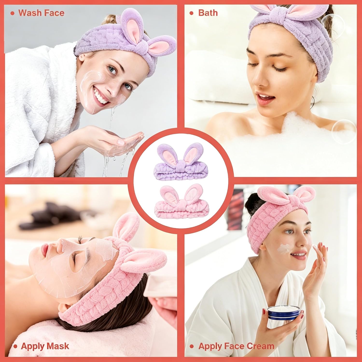 2 Pcs Bunny Ears Headband, Cute Coral Fleece Spa Headbands for Women Girls, Soft Makeup Headbands for Washing Face Skincare, Trendy Hair Accessories image 3