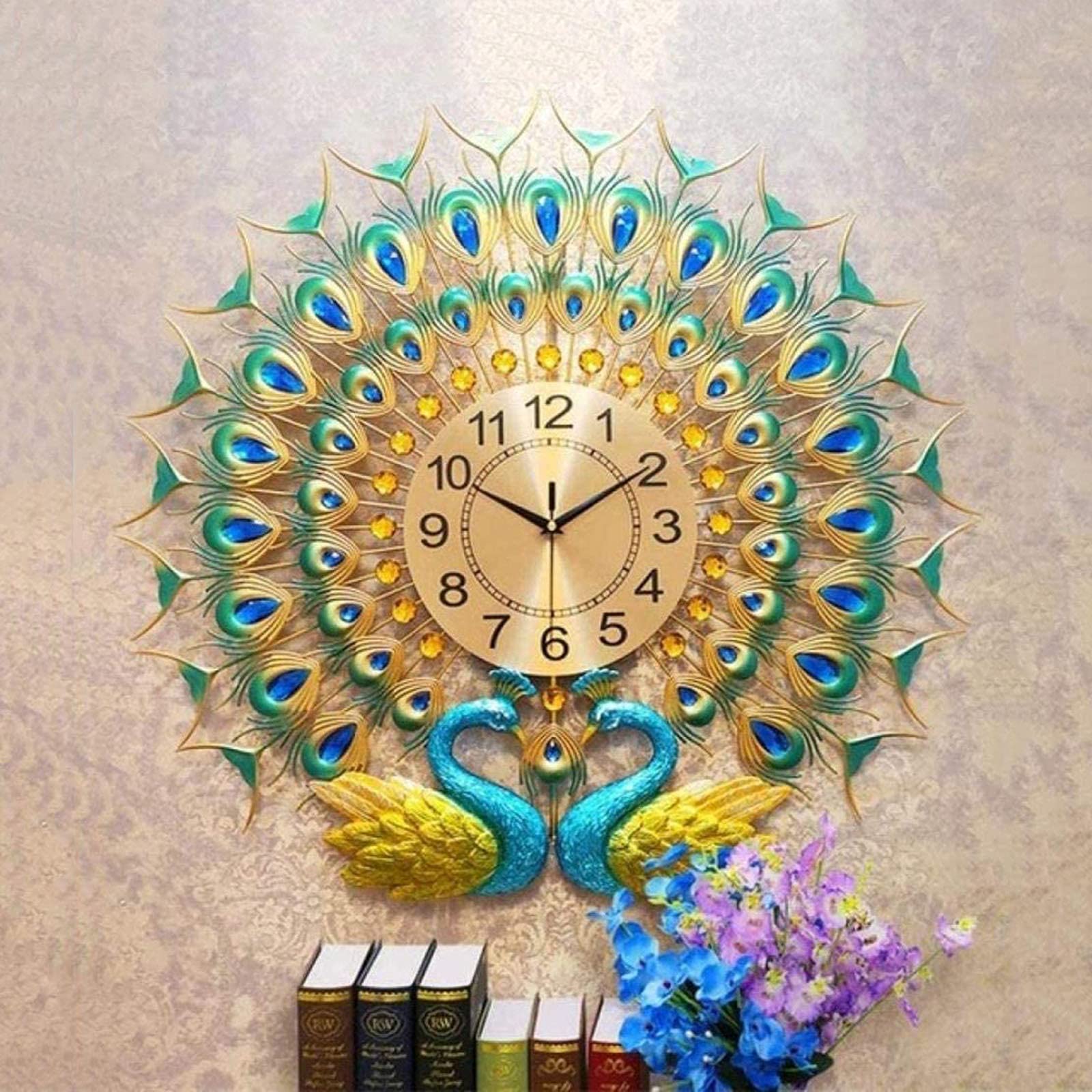 Horloge murale paon dorée 70x65 cm avec montre numérique design moderne