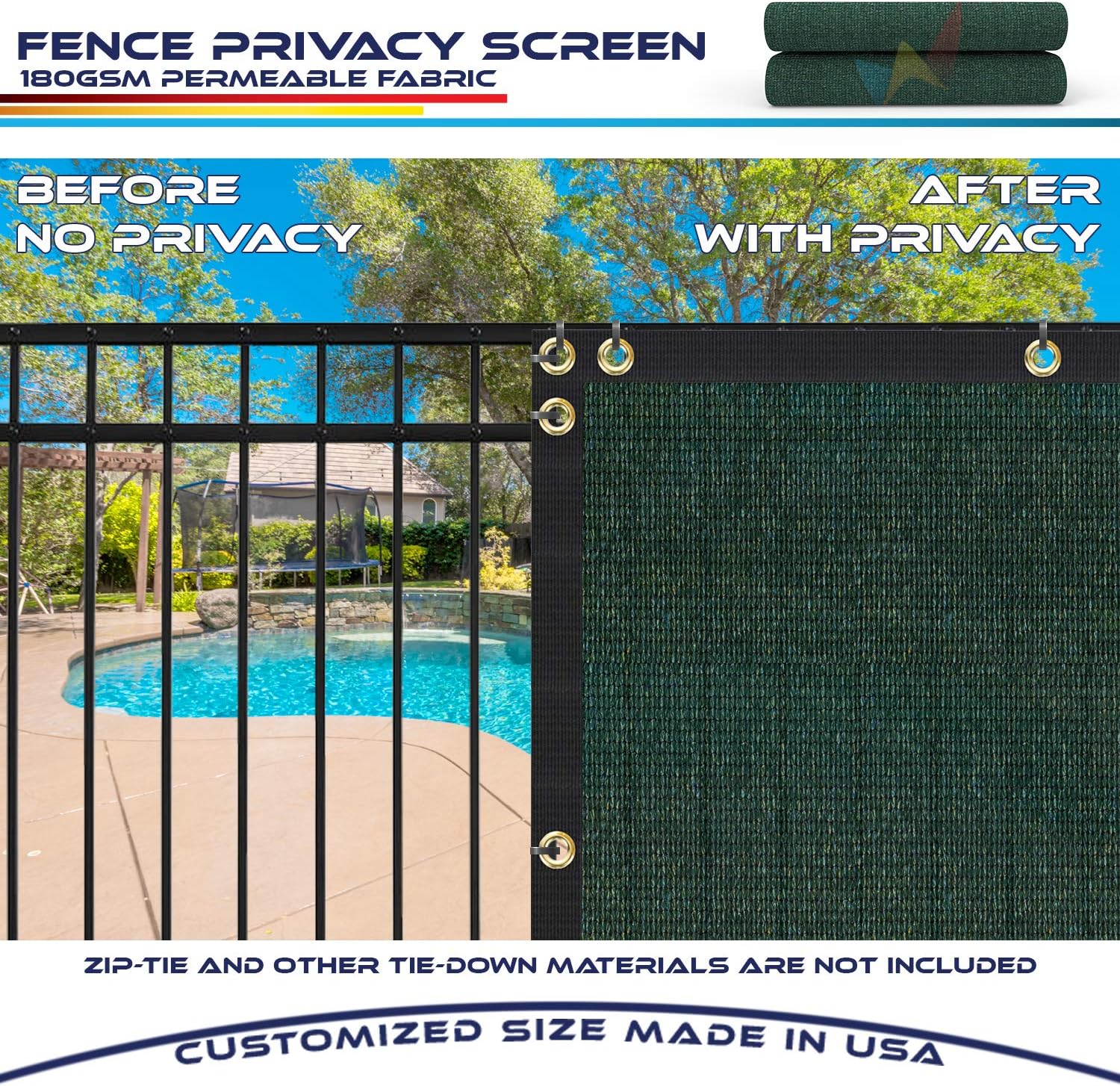 Windscreen4less Fence Privacy Screen 2' x 7' Heavy Duty Windscreen Fencing Mesh Fabric Cover for Patio Garden Backyard Lawn Carport Pool Fence, Green