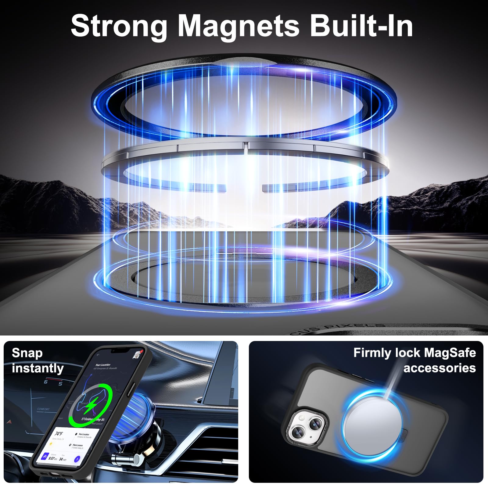 Custodia magnetica per iPhone 13 con supporto ad anello, nero | Cavalletto magnetico invisibile, 3 m, protezione contro le cadute, antiurto, tocco vellutato, retro opaco traslucido sottile