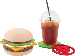 Gourmet Burger Coaster Set - 5 Wool Felt Funny Coasters, 2 Beechwood Buns as Cute Coaster Holder - Stack Your Own Creative Hamburger Sandwich - Pure Wool Felt, Supreme Absorbency - Fun Fake Food Gifts