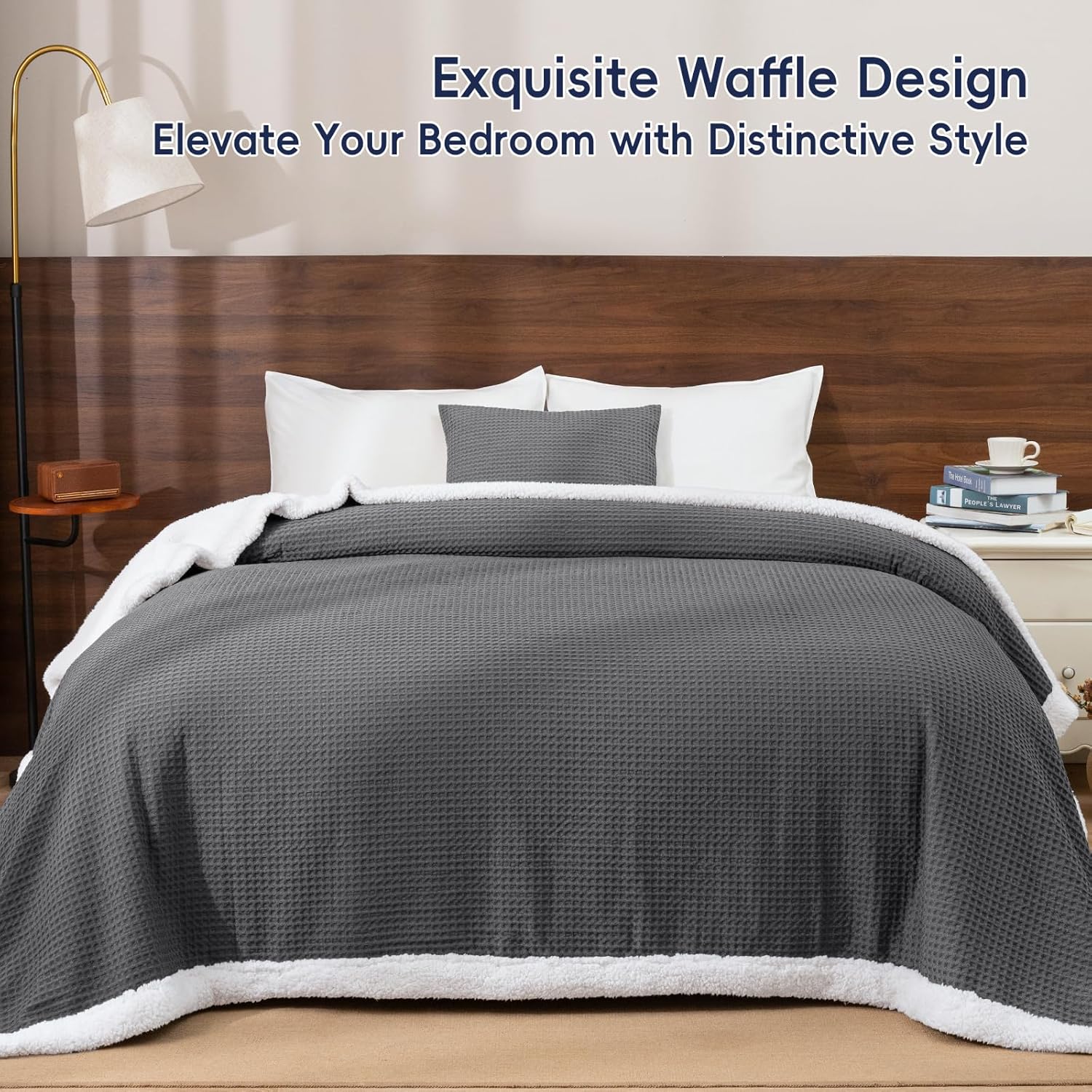 PHF Waffle Sherpa Blanket Queen Size, 90x90 Inches Luxury Plush Flannel Fleece Blanket for Winter, No Shed No Pilling, Cozy Soft & Reversible Waffle Weave Bedding for Home Decor, Grey - Image 6