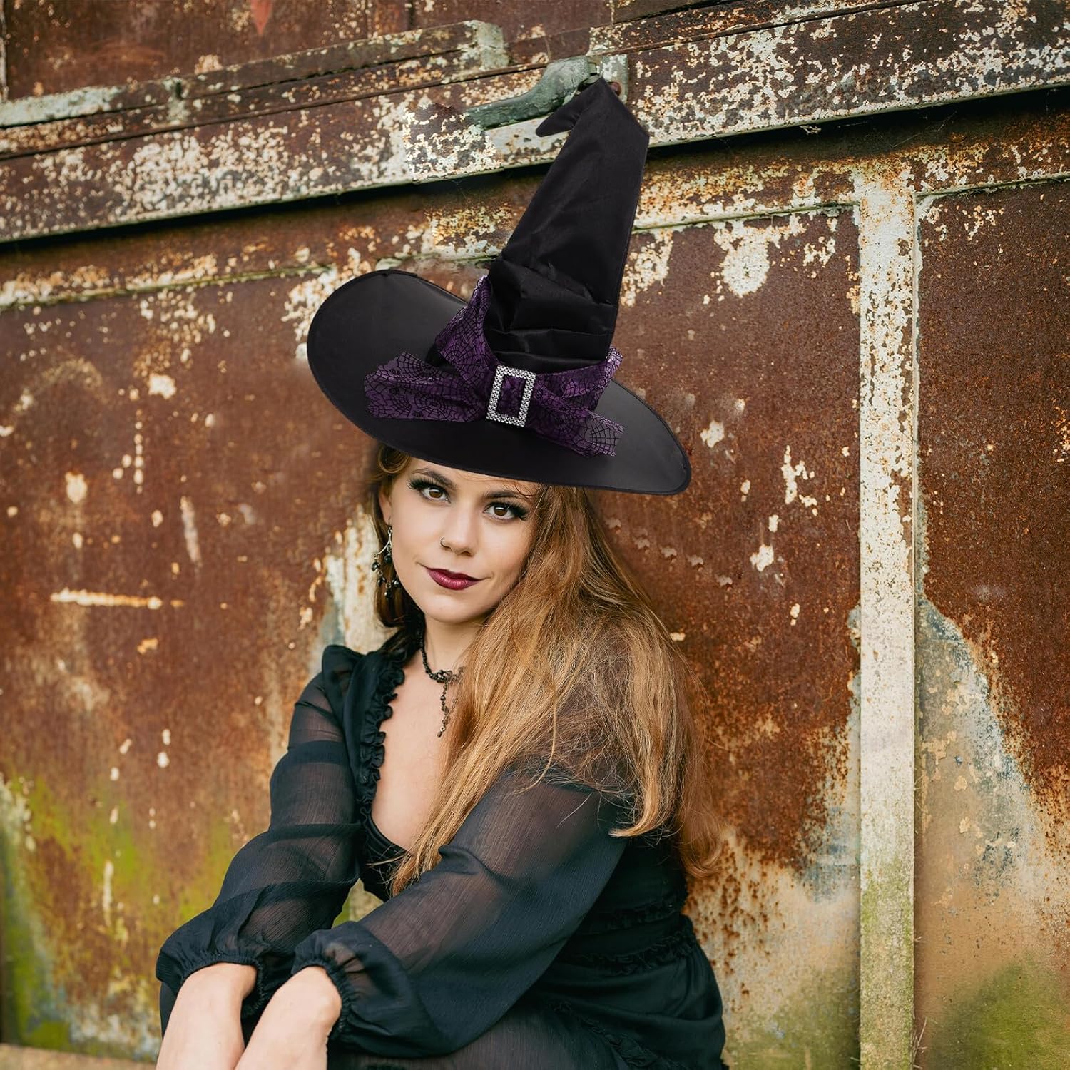 Operitacx Halloween Witch Hat for Women with Purple Ruched Spider Web Veil Wide Brimmed Wizard Cap Halloween Costume Accessory for Party and Cosplay
