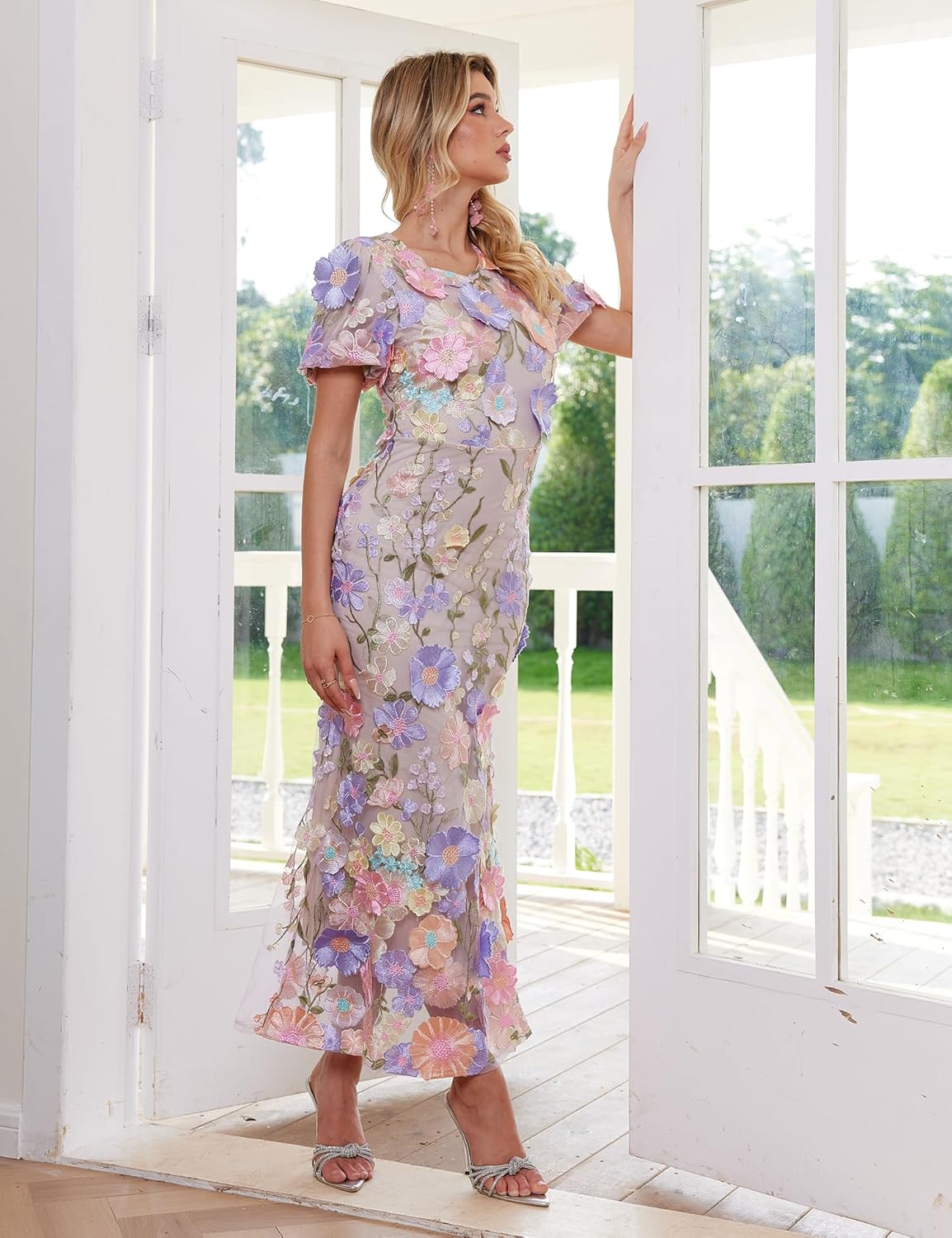 Women's Floral Embroidery Maxi Dress Wedding Guest Dress Puff Sleeve High Neck Lace Bodycon Evening Party Cocktail Dress