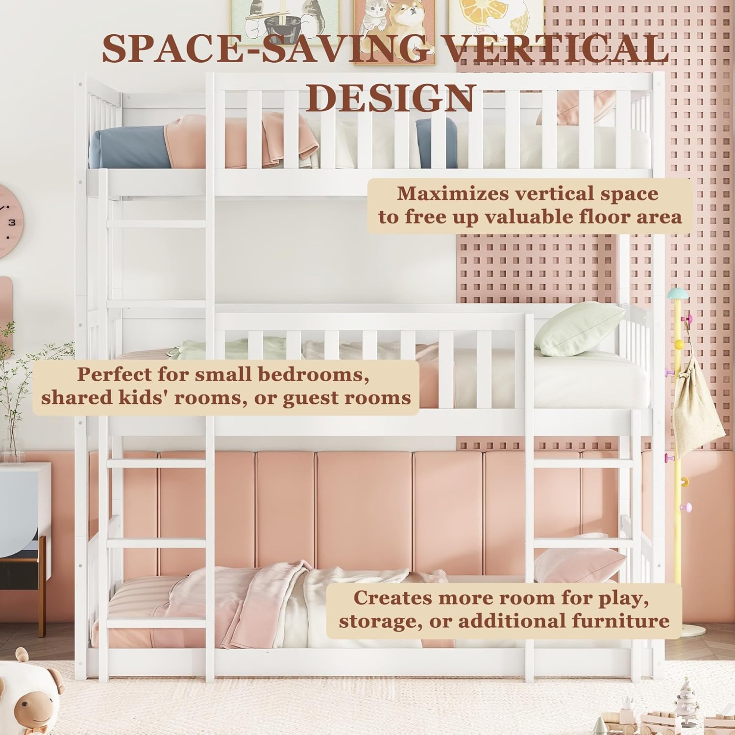 Triple Bunk Beds for Kids, Rubber Wood Triple Bunk Bed Twin with Built-in Ladders & Guardrails, 3 Twin Bunk Beds for Dorm, Guest Room, No Box Spring Needed, Easy Assembly, White