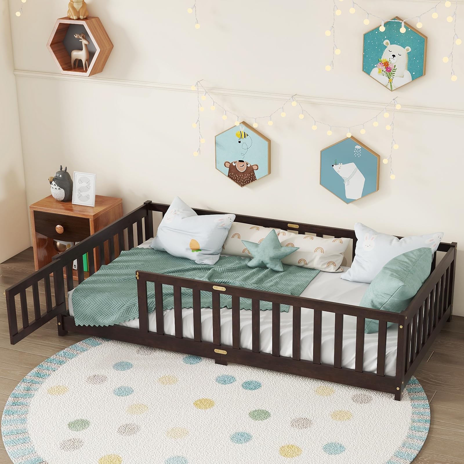 Twin Floor Bed with Safety Guardrails for Kids, Rubber Wood Montessori Bed with Slats and Convertible Door, Twin Size Bed Frame for Girls and Boys,No Box Spring Needed,Espresso
