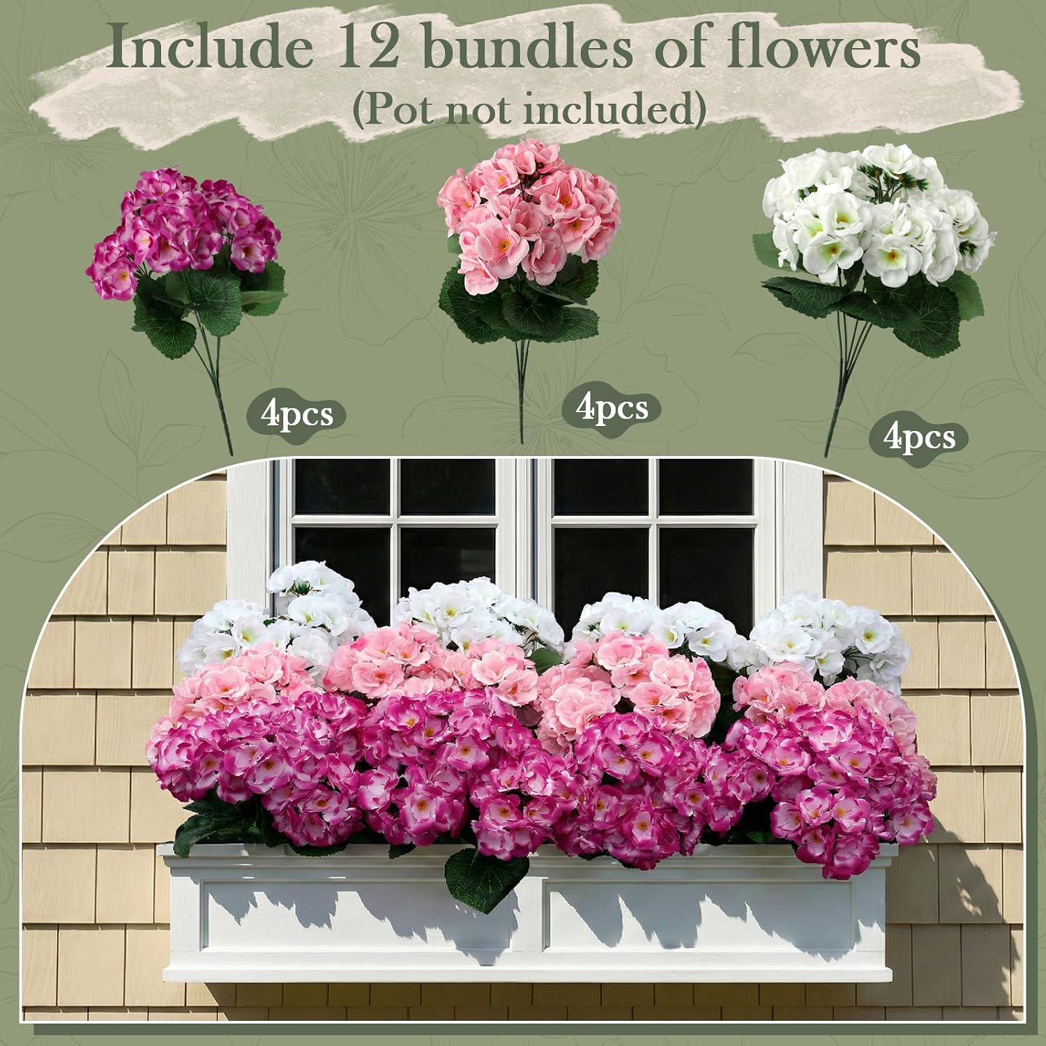 12 Pack Artificial Geraniums for Outdoors,UV Resistant Fake Geranium Plants with 3 Bright Colors,Faux Flowers for Window Box,Porch,Patio,Hanging Basket,Indoor Outdoor All Season Decor image 2