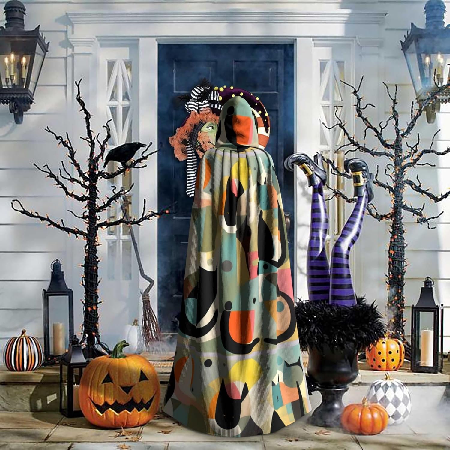 Mid-Century Modern Art Cat Halloween Adult Hooded Cape, Hooded Robe Cape, Women's Men's Halloween Dress Up Party Cosplay Costumes. Black