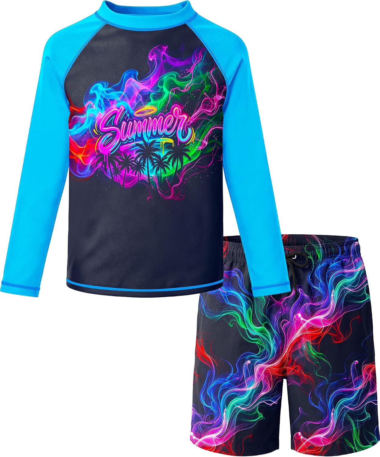 Boys Rash Guard Swim Set with Swim Trunks Kids Two Piece Swimsuits Long Sleeve Bathing Suit Swimwear Size 7-16