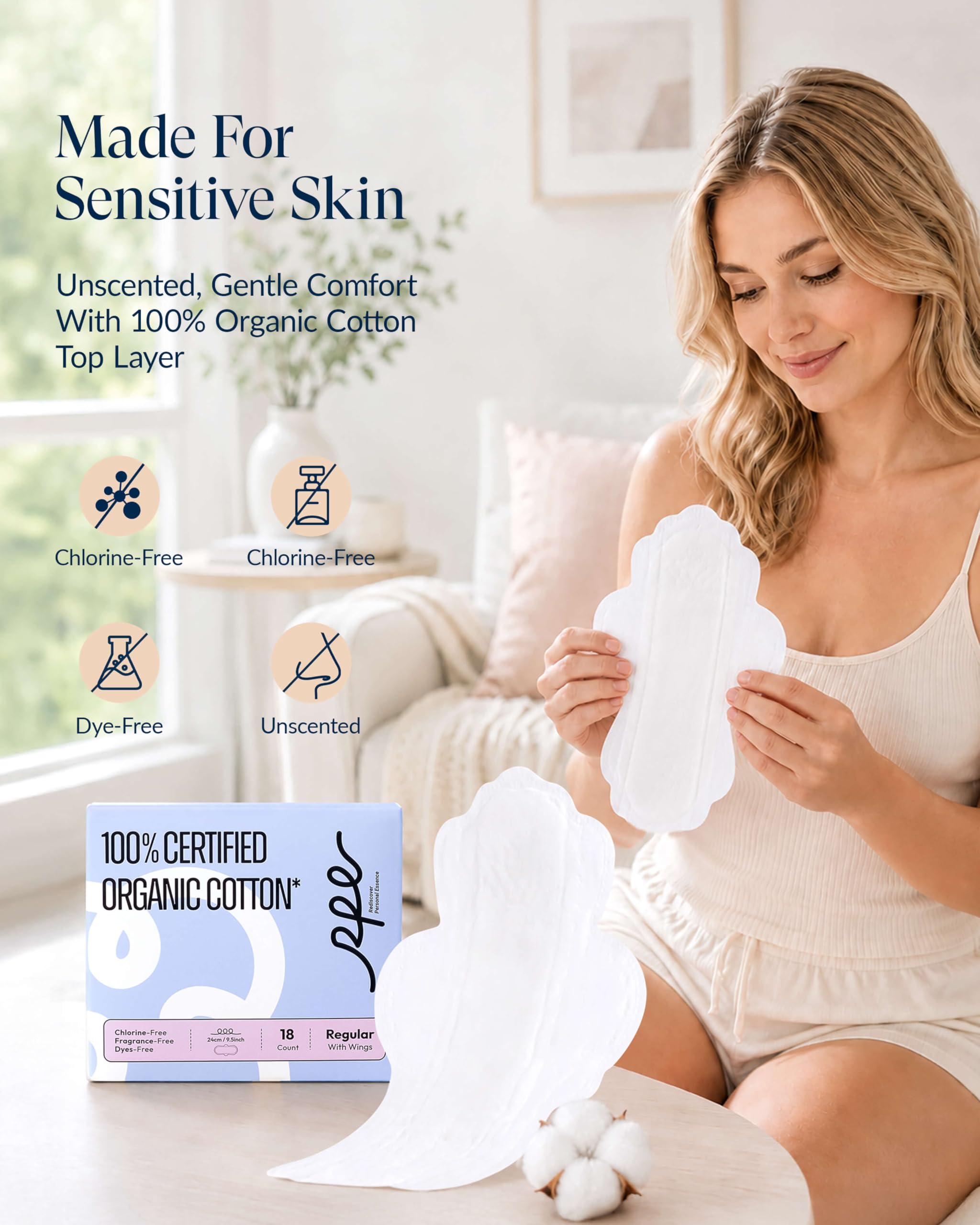 RPE Life 54 Stück Menstruationsbinden aus 100% Bio-Baumwolle mit Flügeln | Atmungsaktive, ultradünne Menstruationspads mit Flügeln und zuverlässigem Auslaufschutz für empfindliche Haut.