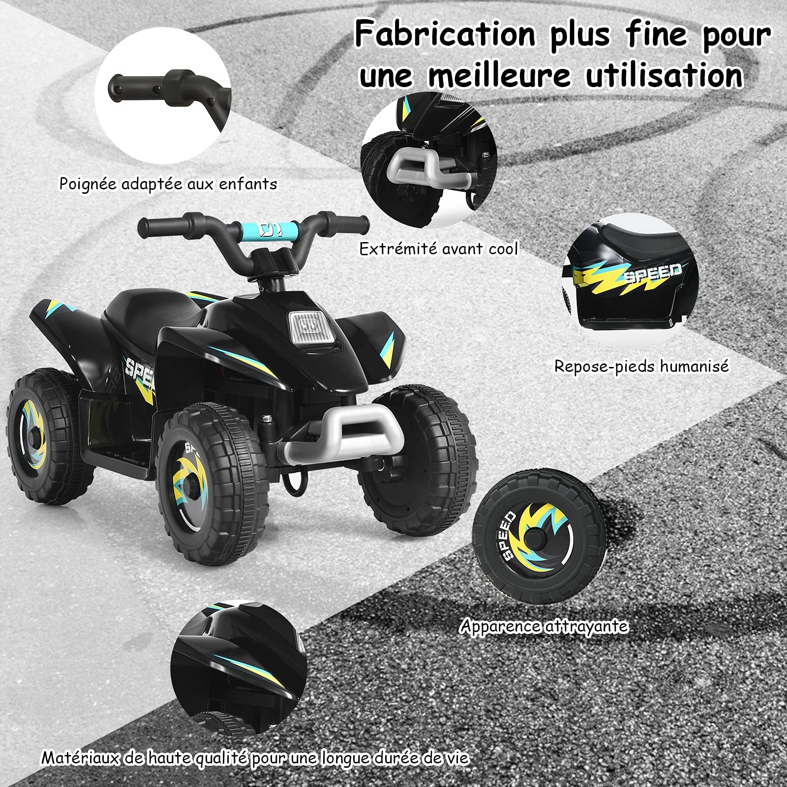 COSTWAY Quad avec Batterie 6V pour Enfant, Quad Électrique avec Marche Avant/Arrière, Fonctionnement Sécurisé et Vitesse Max de 4,5 km/h, Cadeau pour Garçons et Filles, Bleu/Noir/Blanc/Rouge (Noir)